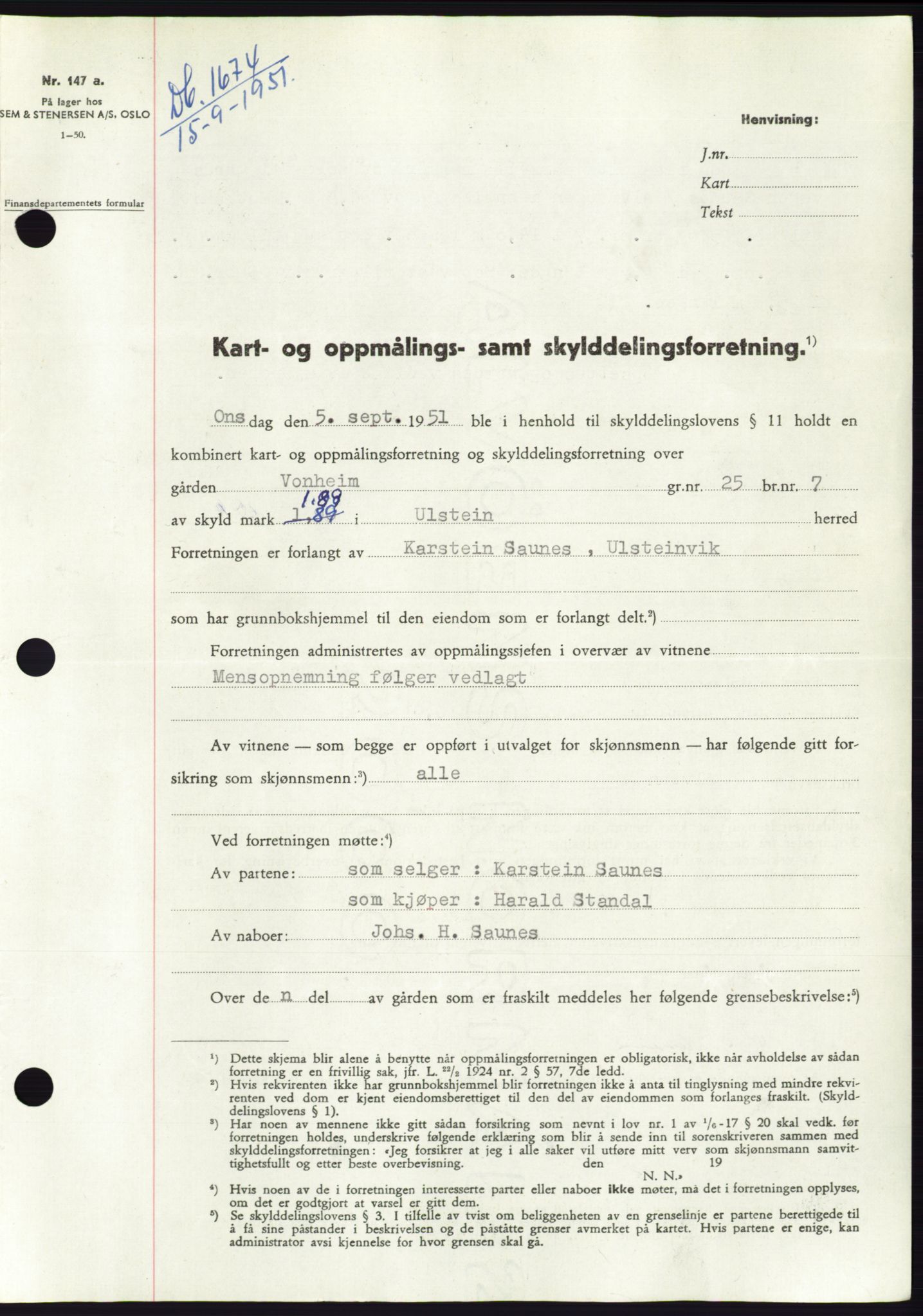 Søre Sunnmøre sorenskriveri, AV/SAT-A-4122/1/2/2C/L0089: Mortgage book no. 15A, 1951-1951, Diary no: : 1674/1951