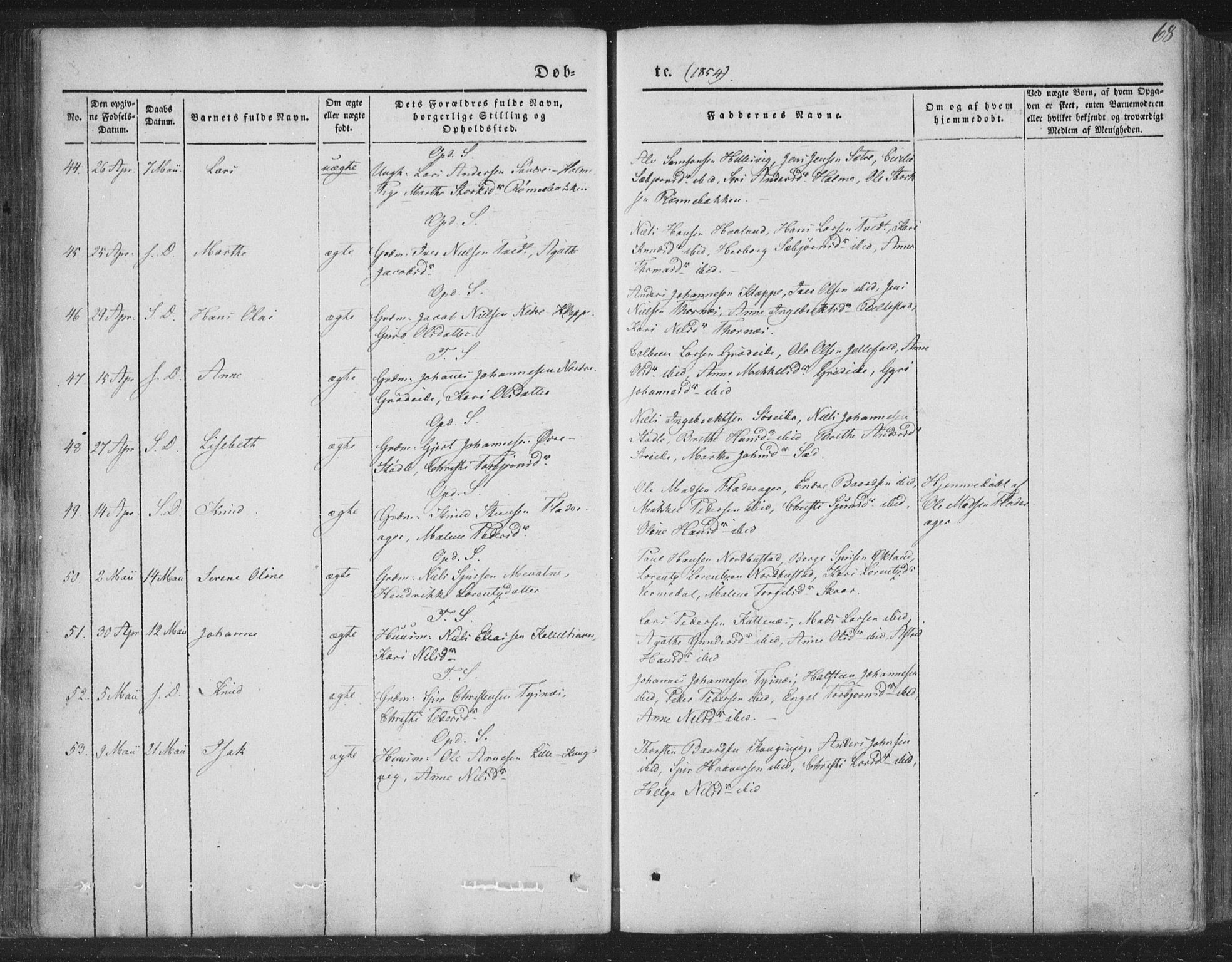 Tysnes sokneprestembete, AV/SAB-A-78601/H/Haa: Parish register (official) no. A 10, 1848-1859, p. 68