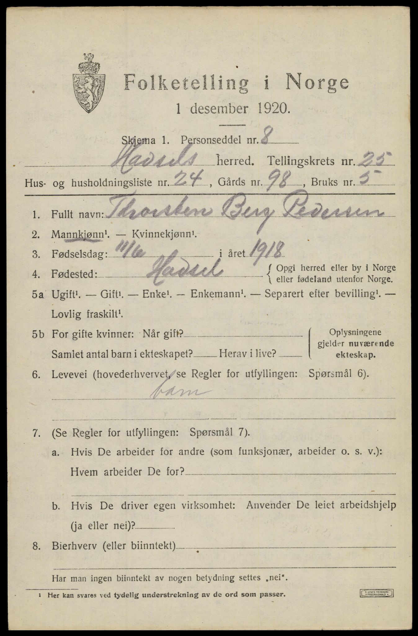 SAT, 1920 census for Hadsel, 1920, p. 22242