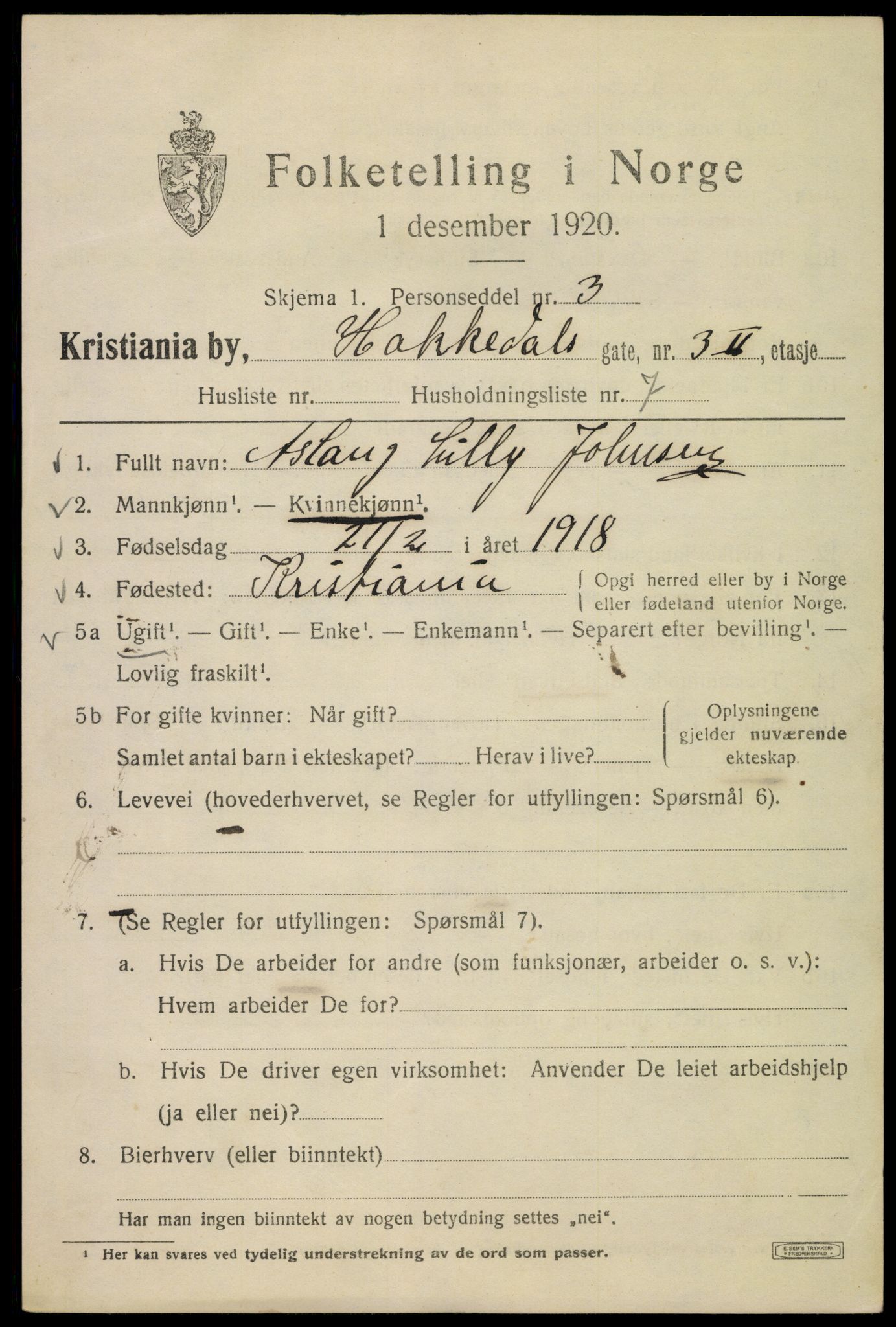 SAO, 1920 census for Kristiania, 1920, p. 267061