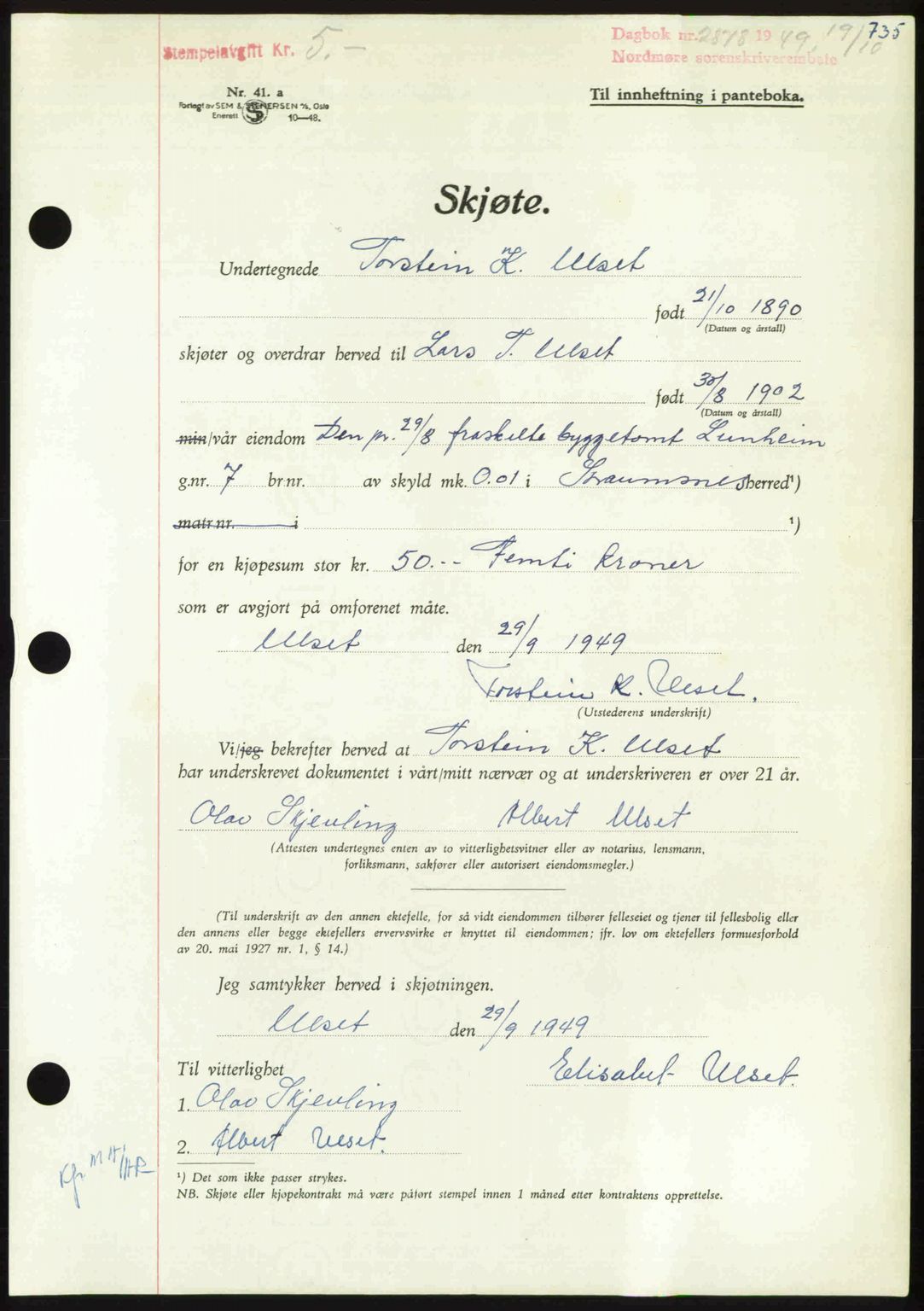 Nordmøre sorenskriveri, AV/SAT-A-4132/1/2/2Ca: Mortgage book no. A112, 1949-1949, Diary no: : 2878/1949