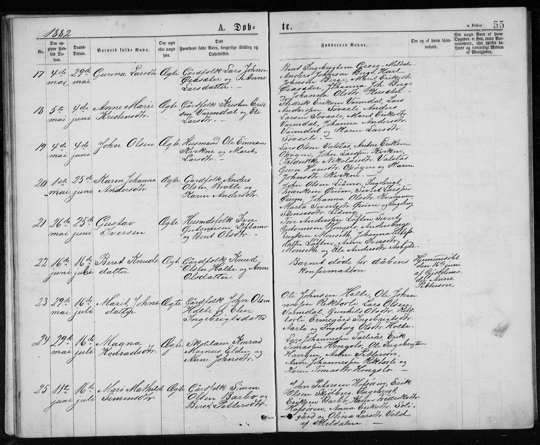 Ministerialprotokoller, klokkerbøker og fødselsregistre - Sør-Trøndelag, AV/SAT-A-1456/671/L0843: Parish register (copy) no. 671C02, 1873-1892, p. 55