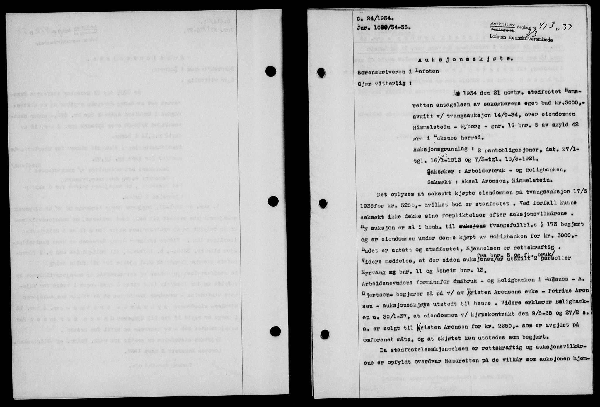 Lofoten sorenskriveri, SAT/A-0017/1/2/2C/L0002a: Mortgage book no. 2a, 1937-1937, Diary no: : 413/1937