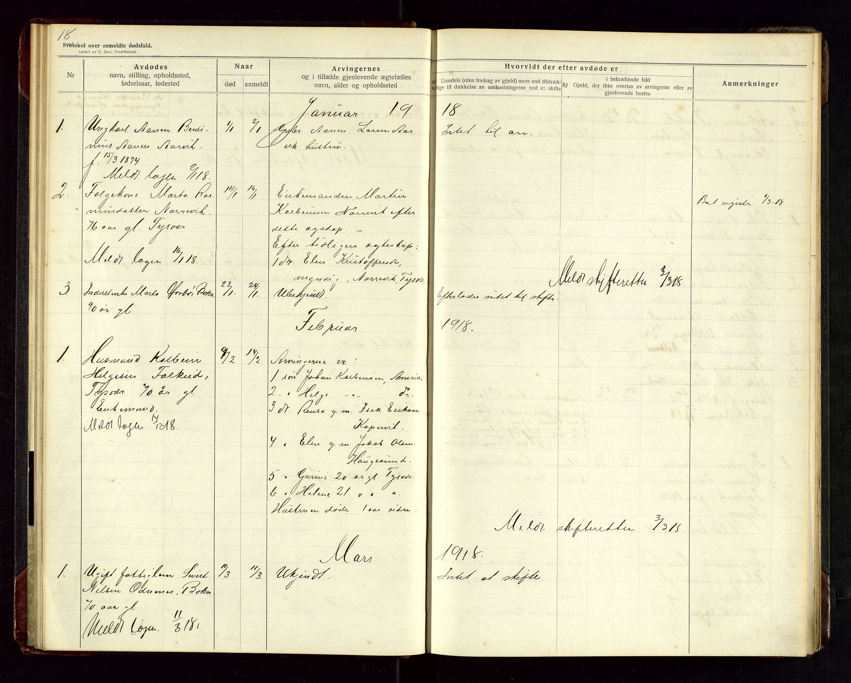 Tysvær lensmannskontor, AV/SAST-A-100192/Gga/L0003: "Protokol over anmeldte dødsfald i Tysvær" med register, 1916-1926, p. 18