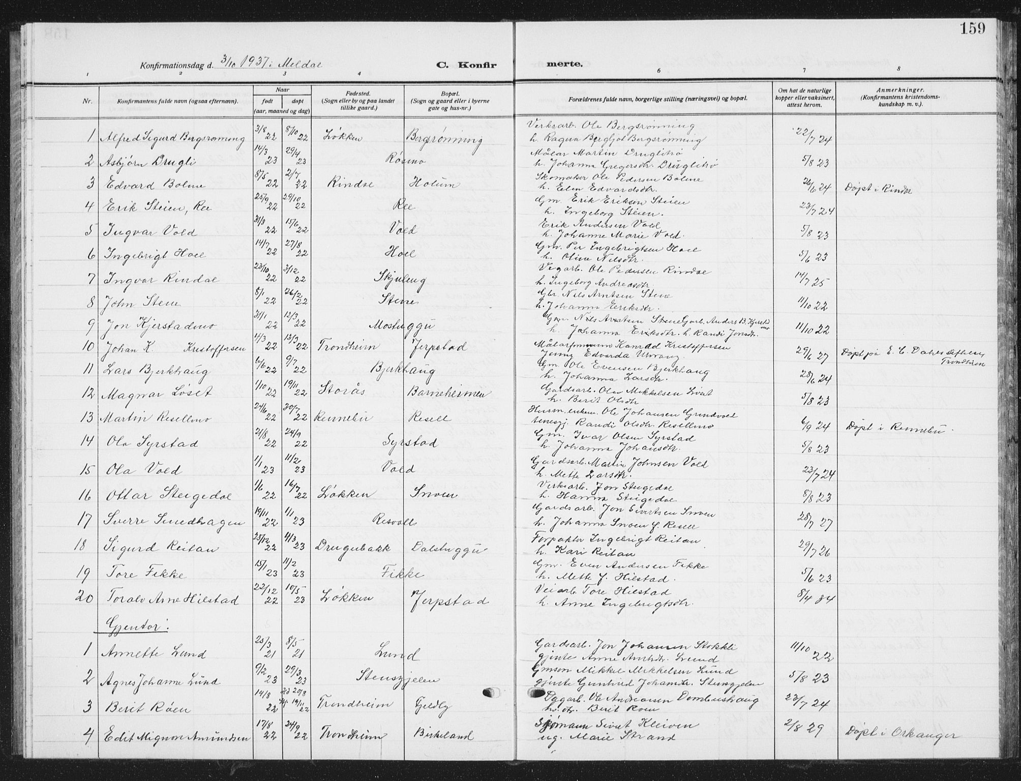 Ministerialprotokoller, klokkerbøker og fødselsregistre - Sør-Trøndelag, SAT/A-1456/672/L0866: Parish register (copy) no. 672C05, 1929-1939, p. 159