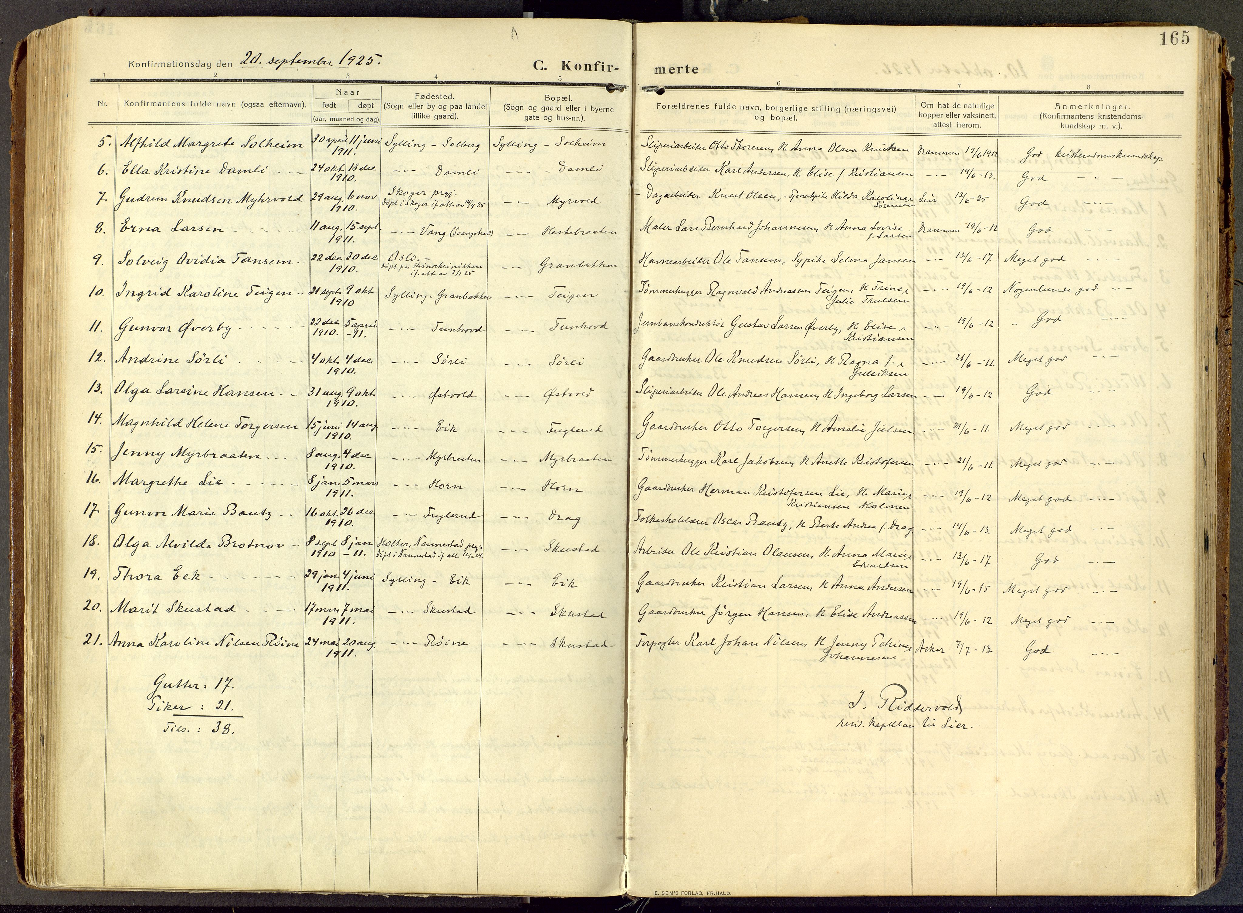 Lier kirkebøker, AV/SAKO-A-230/F/Fc/L0001: Parish register (official) no. III 1, 1906-1936, p. 165