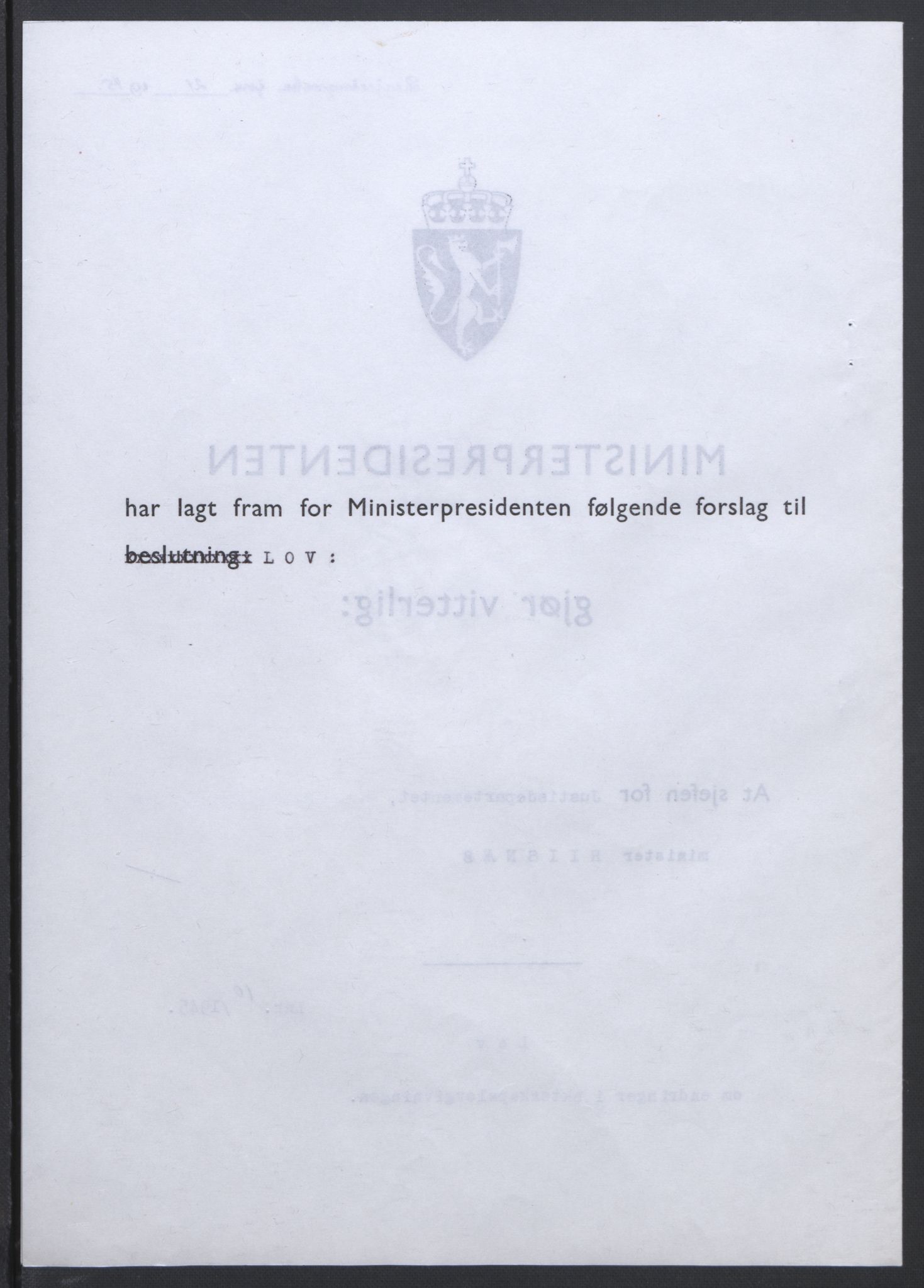 NS-administrasjonen 1940-1945 (Statsrådsekretariatet, de kommisariske statsråder mm), AV/RA-S-4279/D/Db/L0101/0001: -- / Lover og vedtak, 1945, p. 40