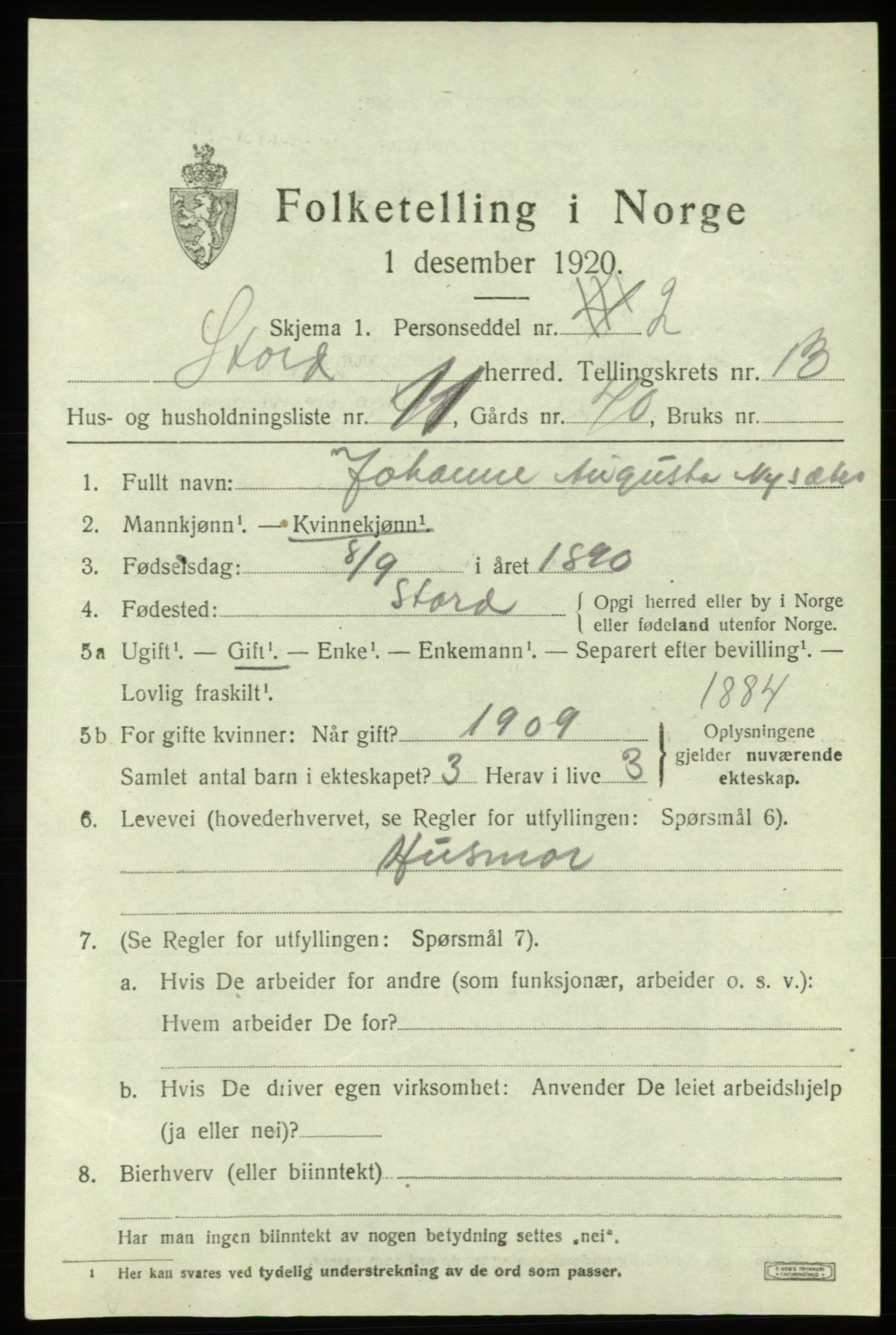 SAB, 1920 census for Stord, 1920, p. 7557