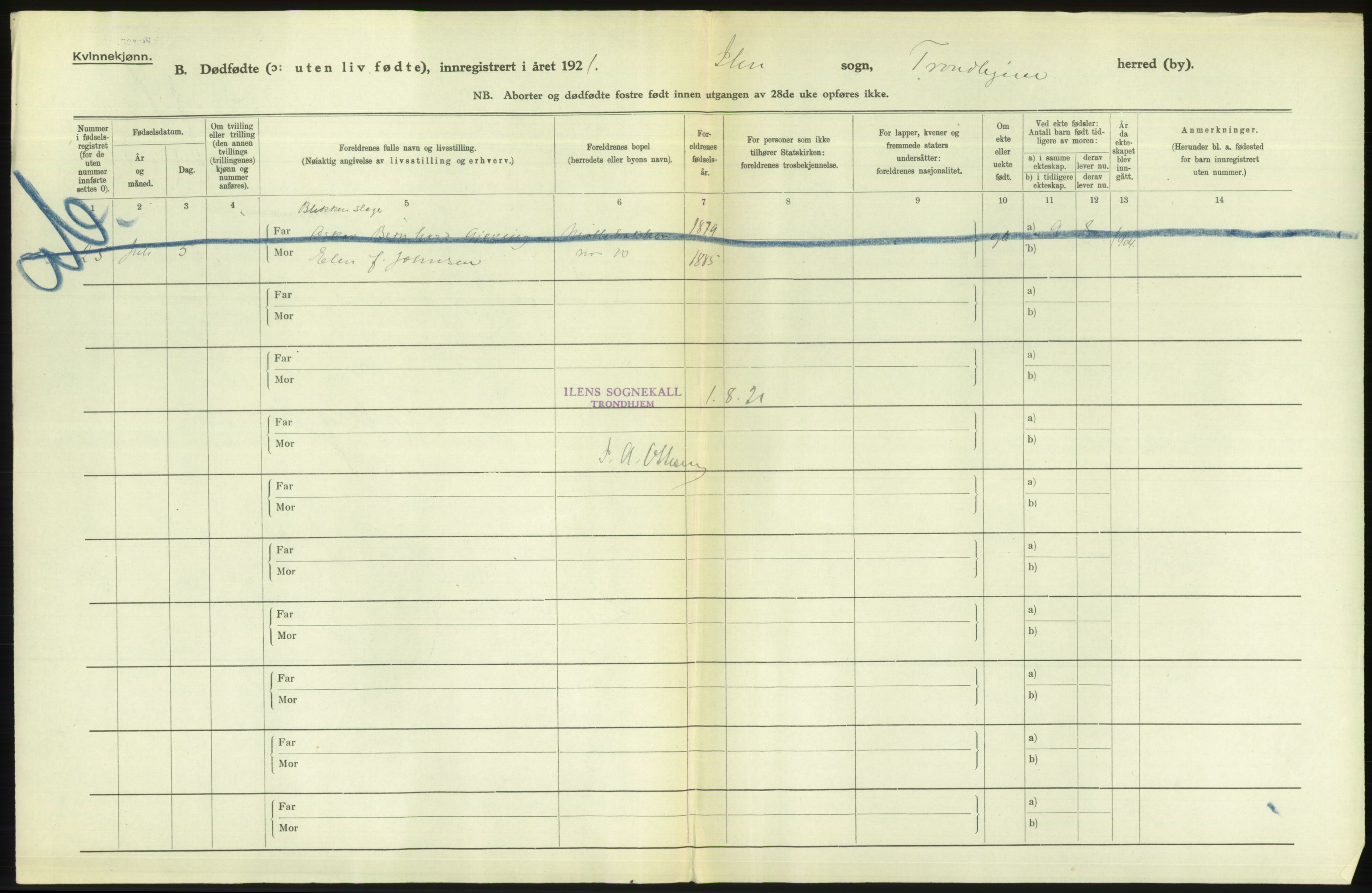 Statistisk sentralbyrå, Sosiodemografiske emner, Befolkning, AV/RA-S-2228/D/Df/Dfc/Dfca/L0046: Trondheim: Døde, dødfødte., 1921, p. 332