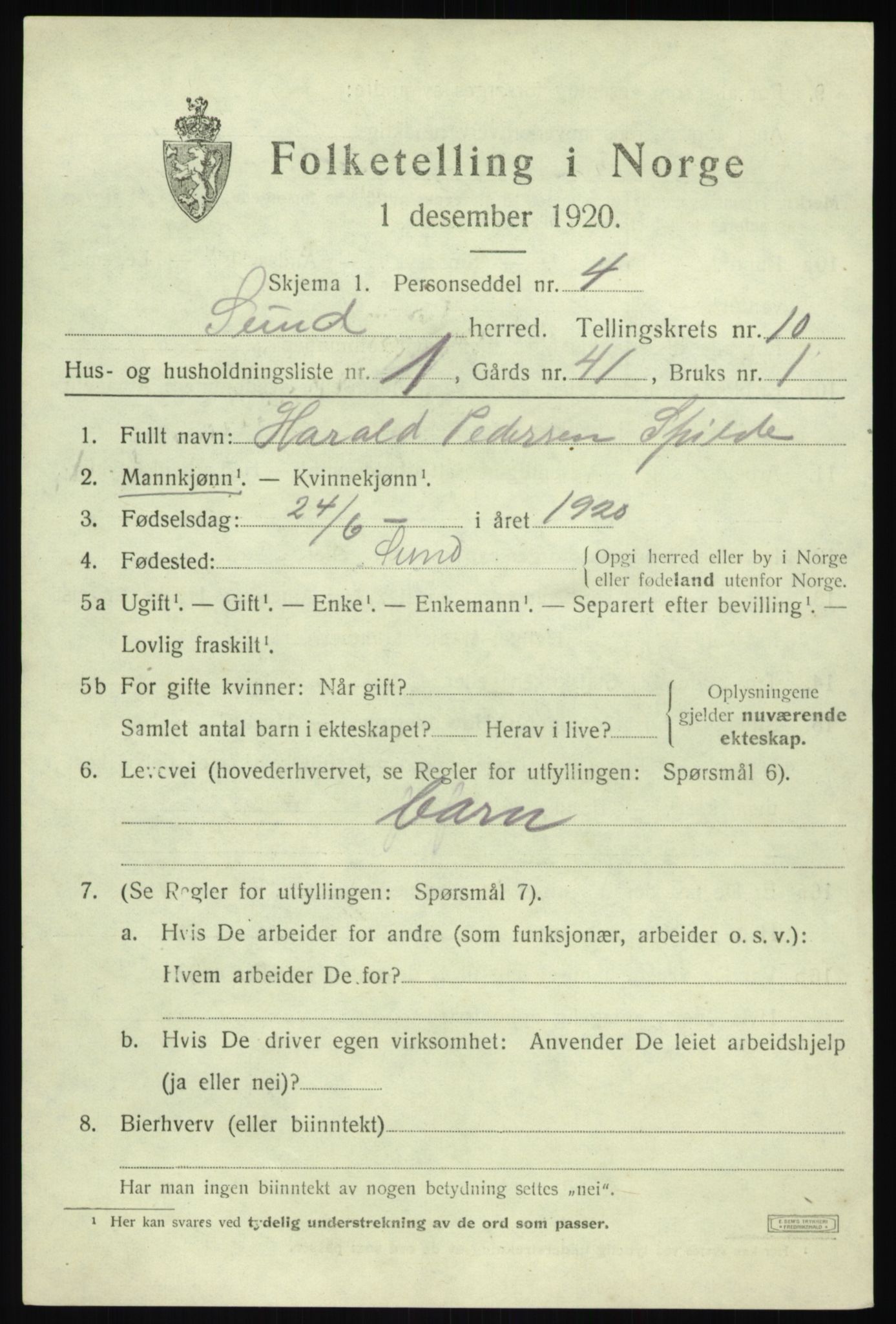 SAB, 1920 census for Sund, 1920, p. 6049