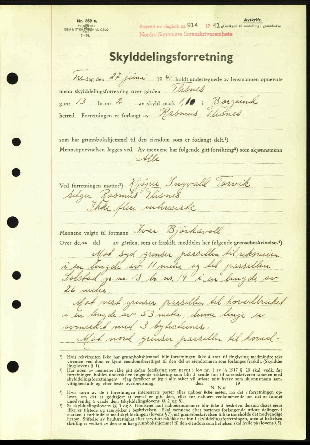 Nordre Sunnmøre sorenskriveri, AV/SAT-A-0006/1/2/2C/2Ca: Mortgage book no. A11, 1941-1941, Diary no: : 914/1941