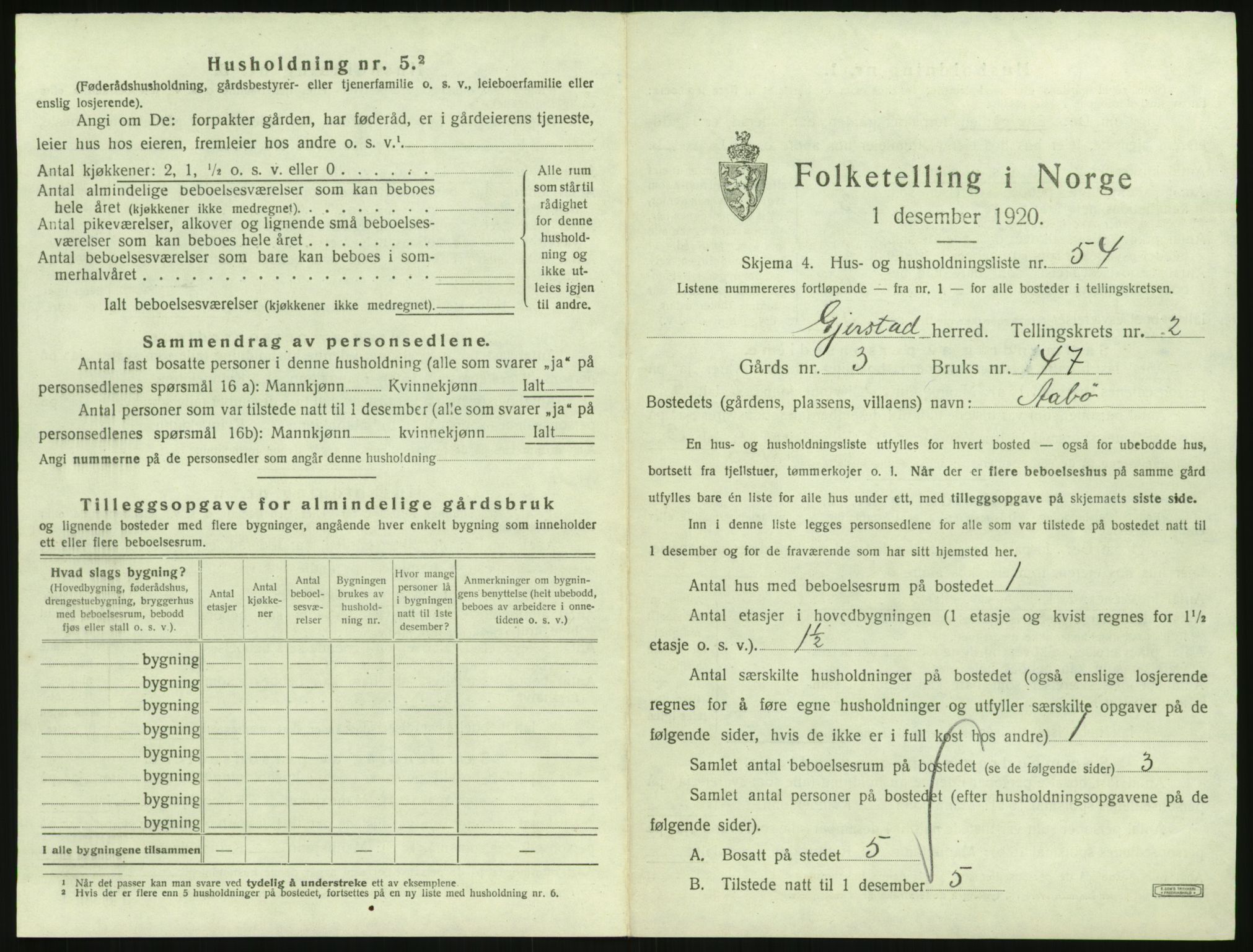 SAK, 1920 census for Gjerstad, 1920, p. 211