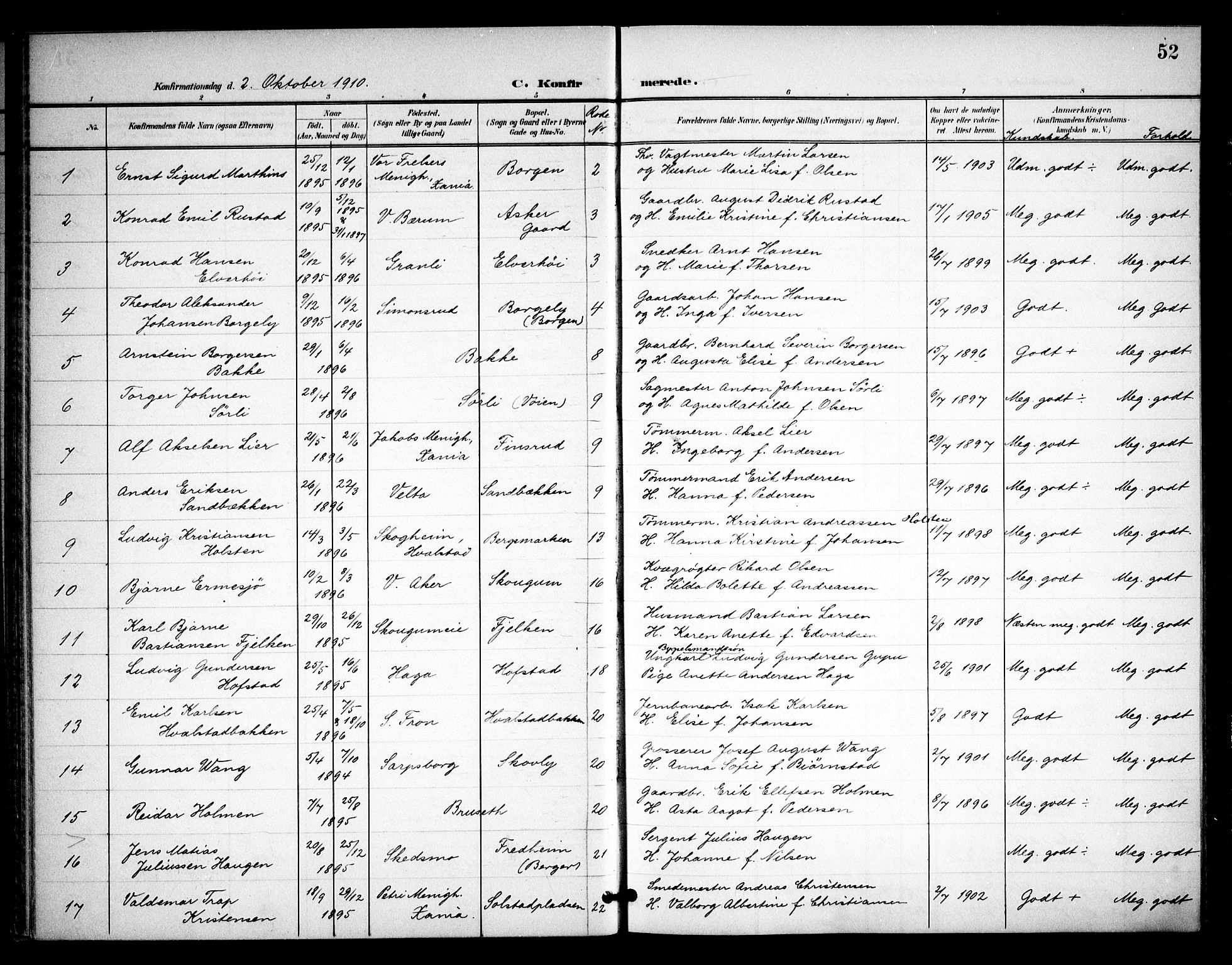 Asker prestekontor Kirkebøker, SAO/A-10256a/F/Fa/L0016: Parish register (official) no. I 16, 1900-1917, p. 52