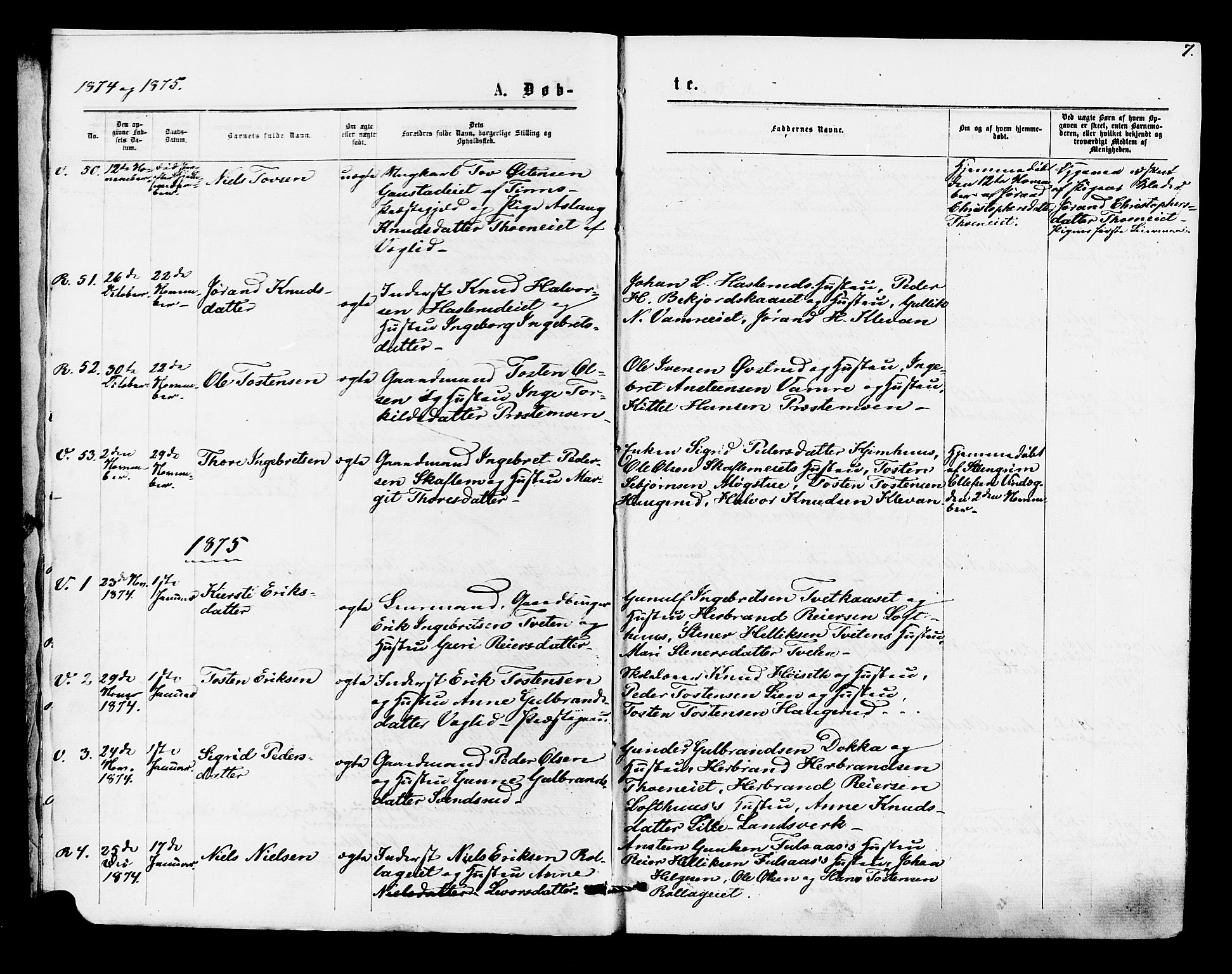 Rollag kirkebøker, AV/SAKO-A-240/F/Fa/L0010: Parish register (official) no. I 10, 1874-1877, p. 7