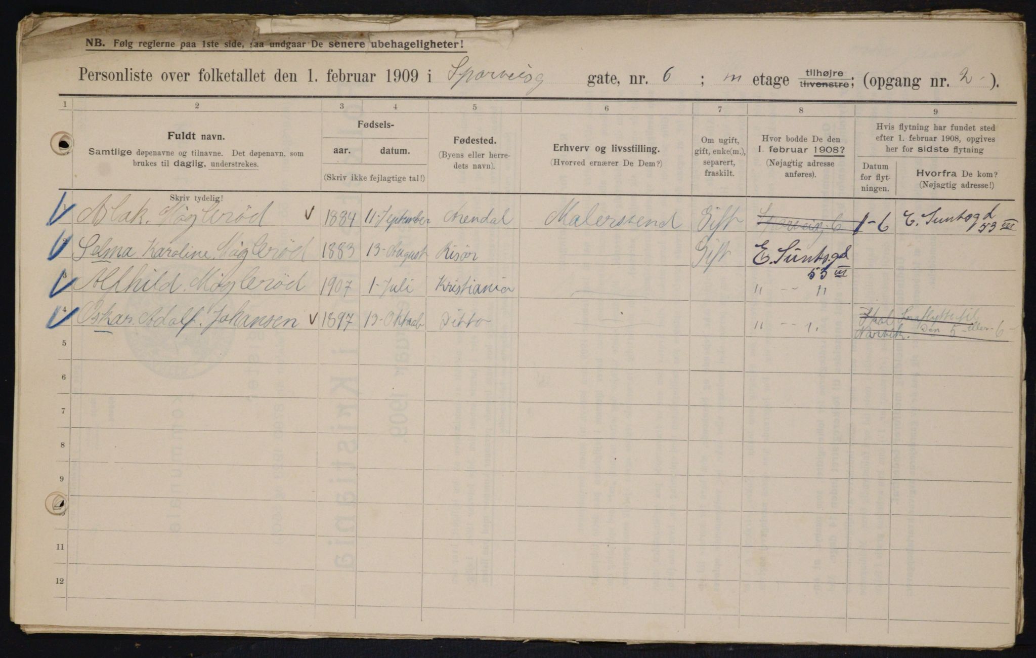 OBA, Municipal Census 1909 for Kristiania, 1909, p. 91008