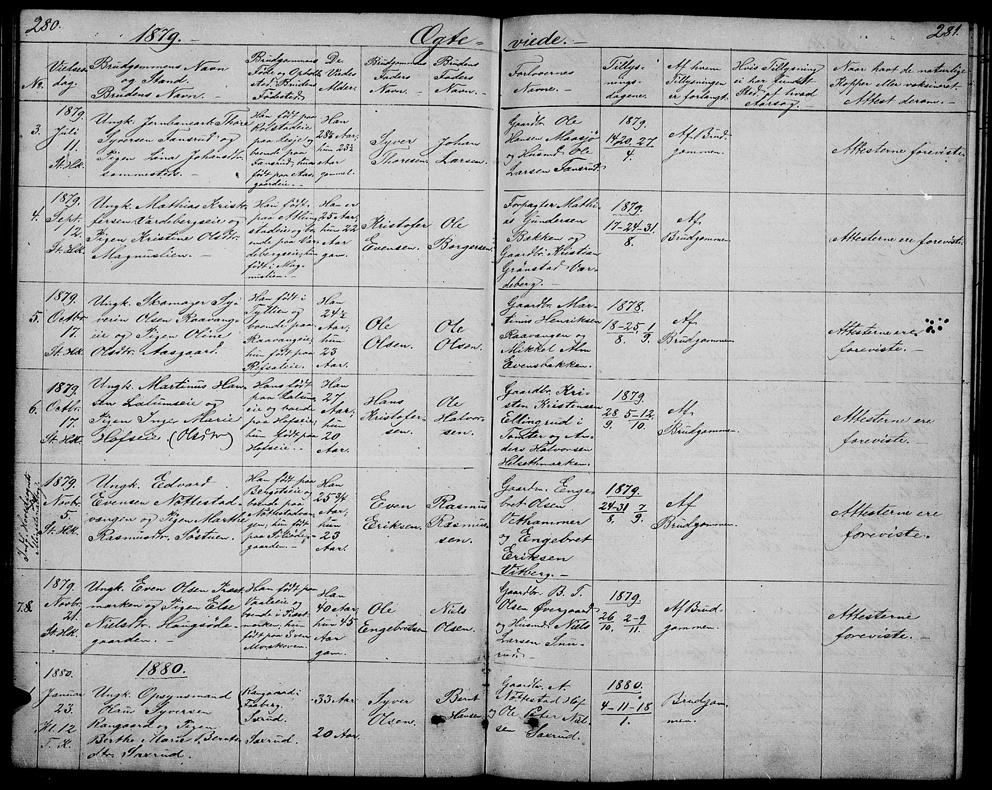 Stange prestekontor, SAH/PREST-002/L/L0005: Parish register (copy) no. 5, 1861-1881, p. 280-281