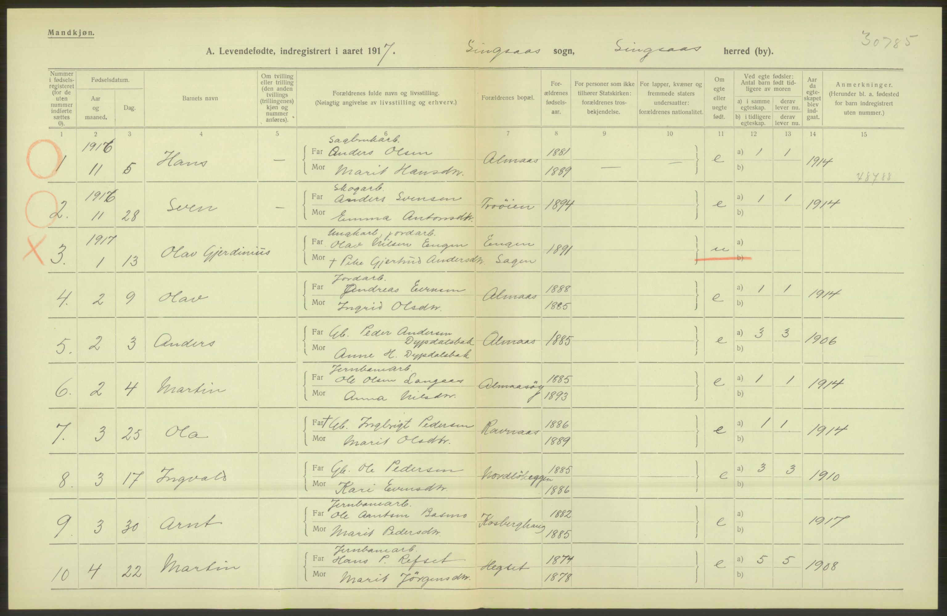 Statistisk sentralbyrå, Sosiodemografiske emner, Befolkning, RA/S-2228/D/Df/Dfb/Dfbg/L0045: S. Trondheim amt: Levendefødte menn og kvinner. Bygder., 1917, p. 602