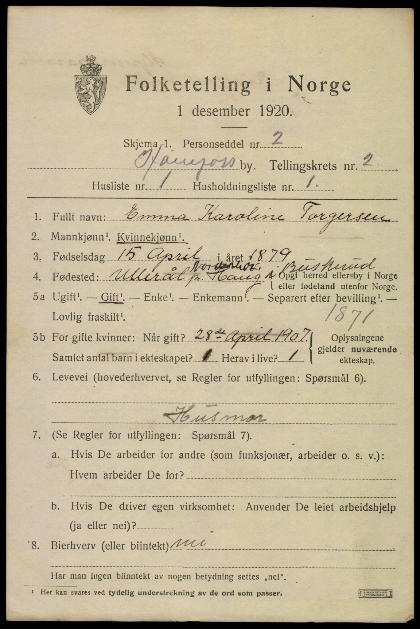 SAKO, 1920 census for Hønefoss, 1920, p. 3844