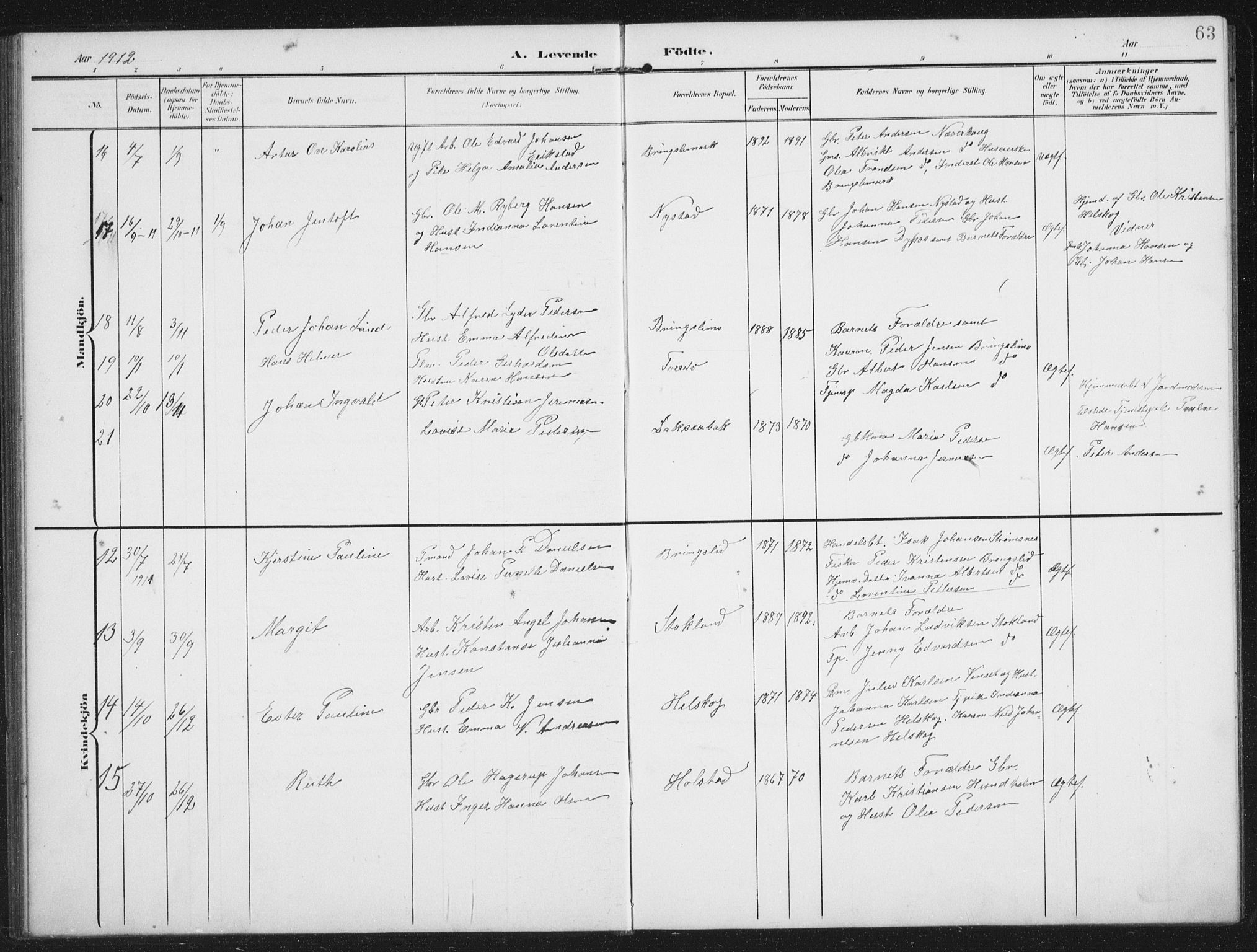 Ministerialprotokoller, klokkerbøker og fødselsregistre - Nordland, AV/SAT-A-1459/851/L0726: Parish register (copy) no. 851C01, 1902-1924, p. 63