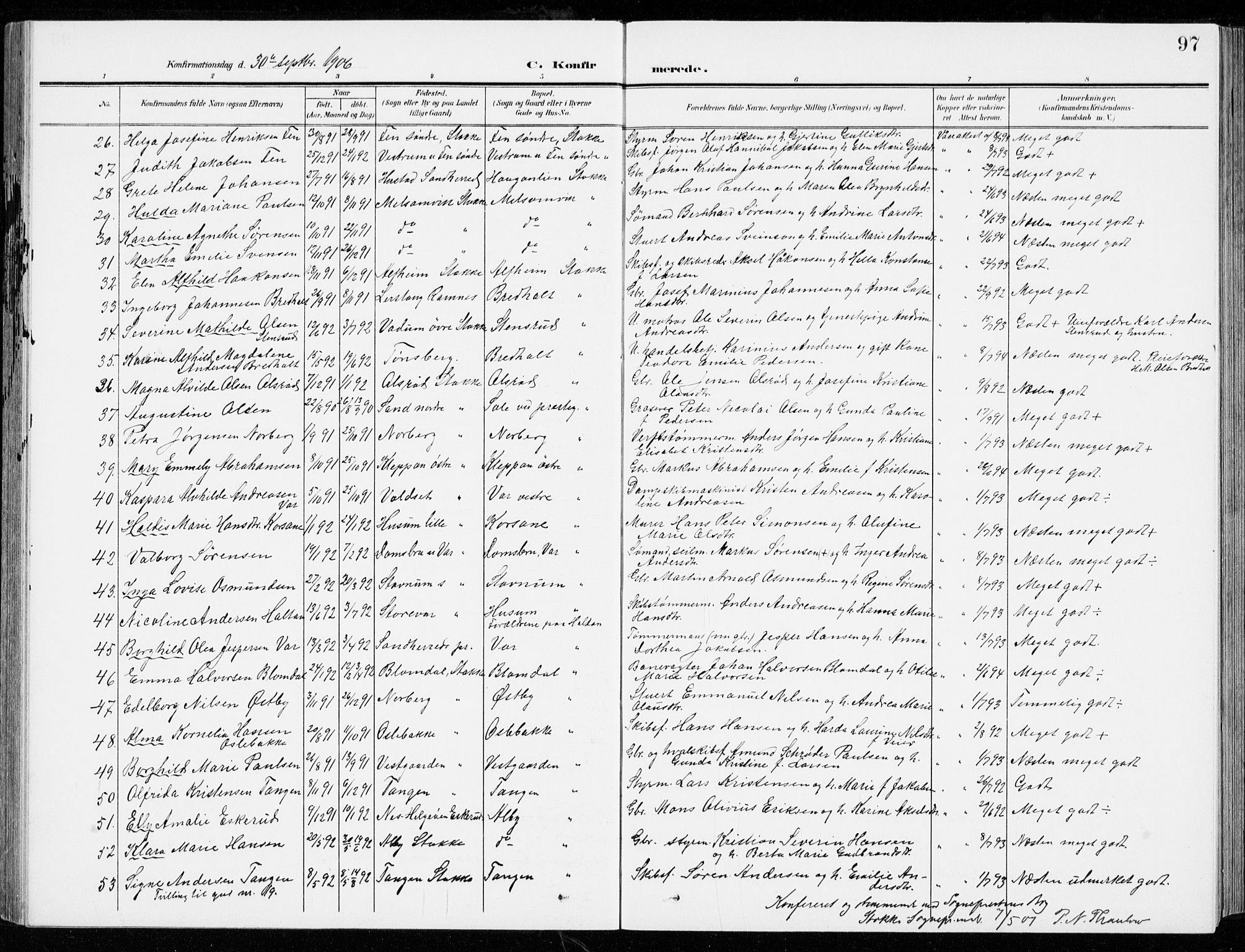 Stokke kirkebøker, AV/SAKO-A-320/G/Ga/L0001: Parish register (copy) no. I 1, 1904-1940, p. 97