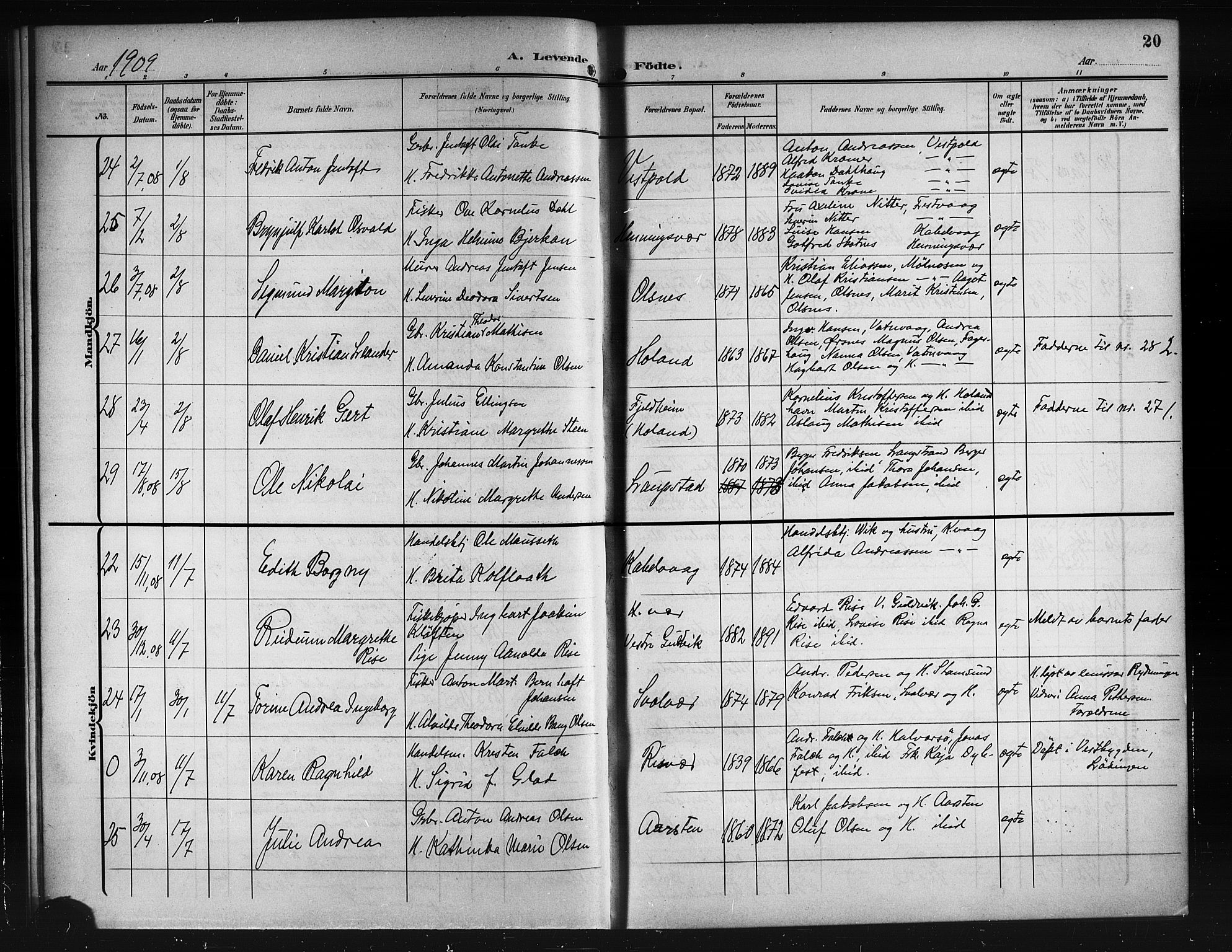 Ministerialprotokoller, klokkerbøker og fødselsregistre - Nordland, AV/SAT-A-1459/874/L1079: Parish register (copy) no. 874C08, 1907-1915, p. 20