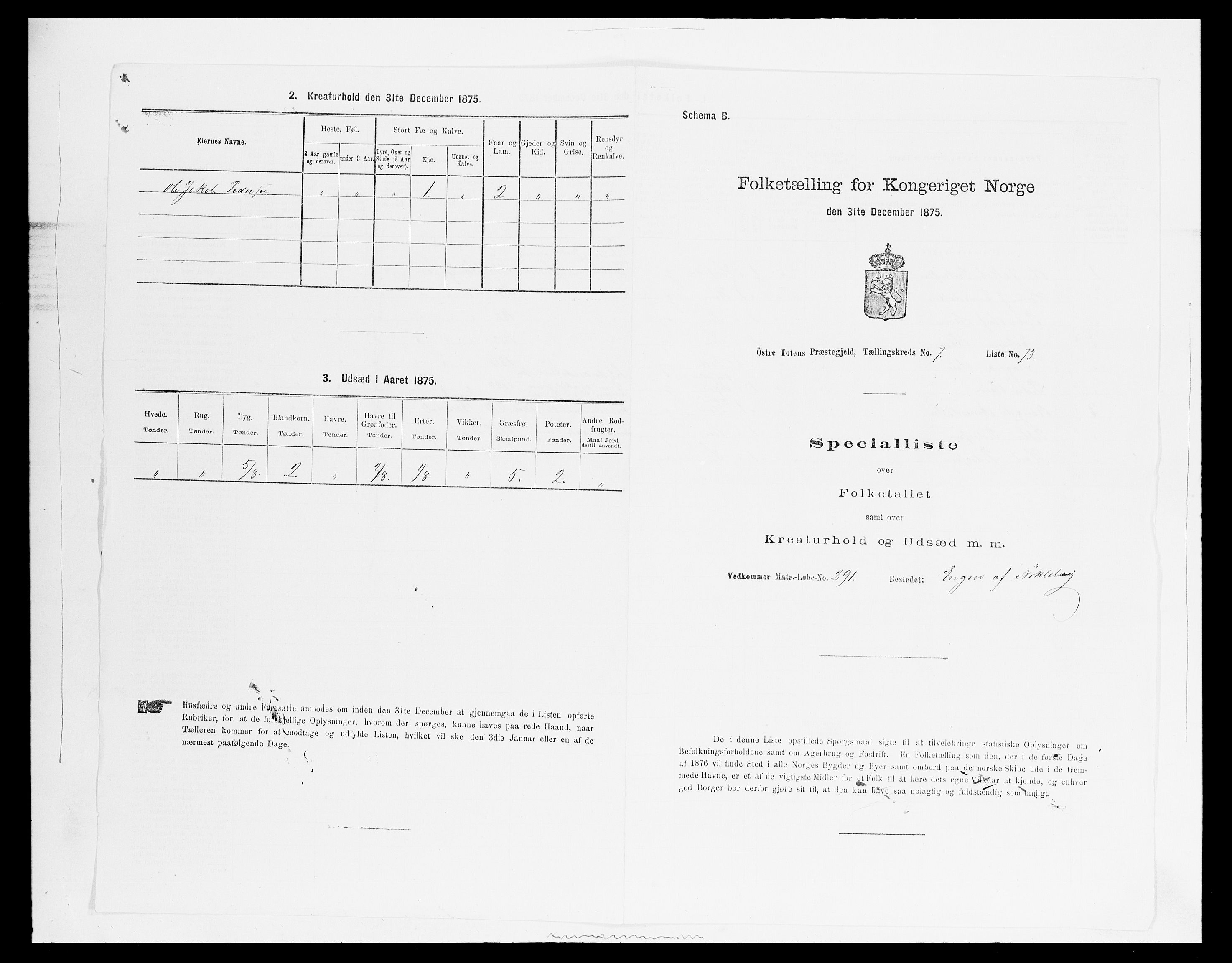 SAH, 1875 census for 0528P Østre Toten, 1875, p. 1439