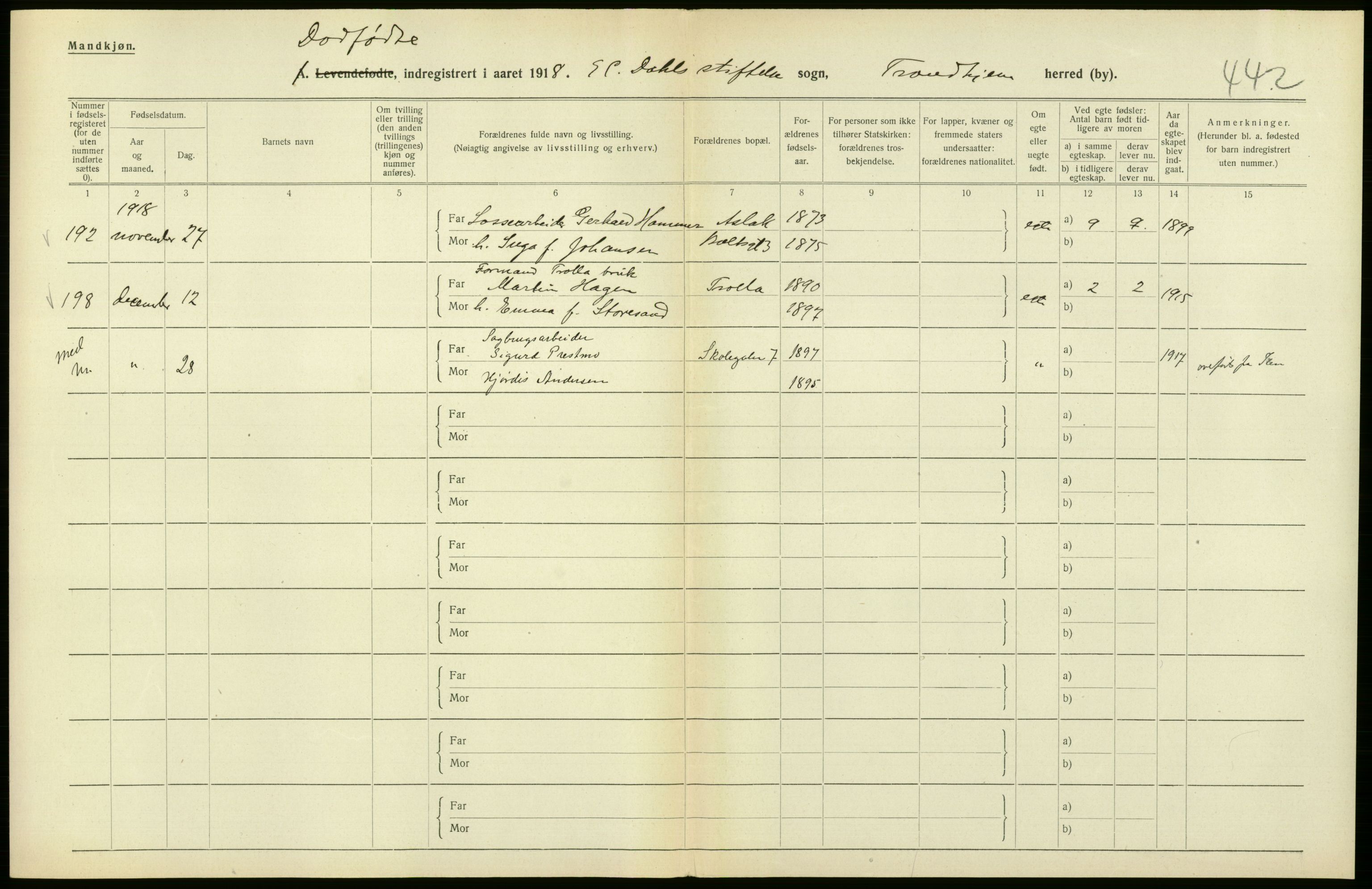 Statistisk sentralbyrå, Sosiodemografiske emner, Befolkning, AV/RA-S-2228/D/Df/Dfb/Dfbh/L0049: Trondheim: Døde, dødfødte., 1918, p. 350