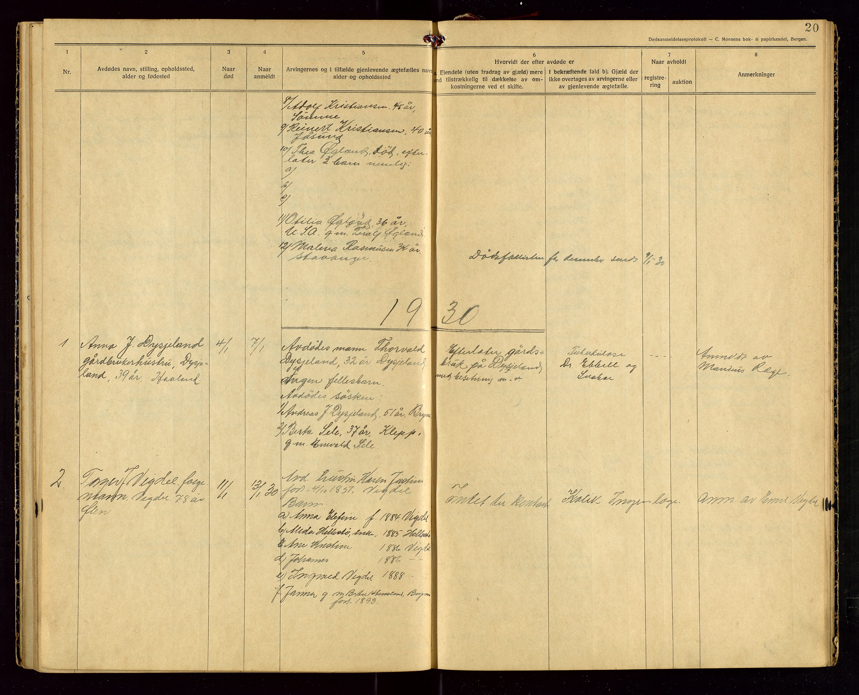 Håland lensmannskontor, AV/SAST-A-100100/Gga/L0003: "Dødsanmeldelser 1926 - 1931 for Haaland", 1926-1931, p. 20