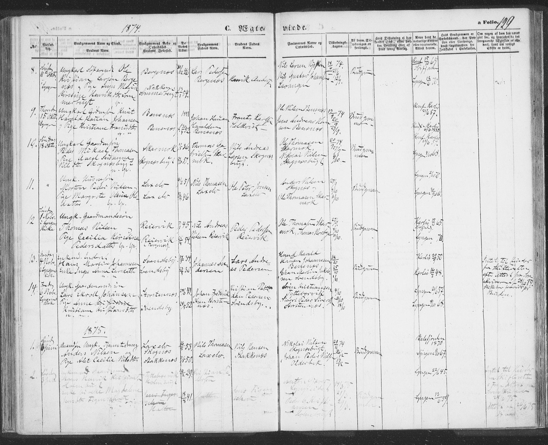 Lyngen sokneprestembete, AV/SATØ-S-1289/H/He/Hea/L0009kirke: Parish register (official) no. 9, 1864-1882, p. 129