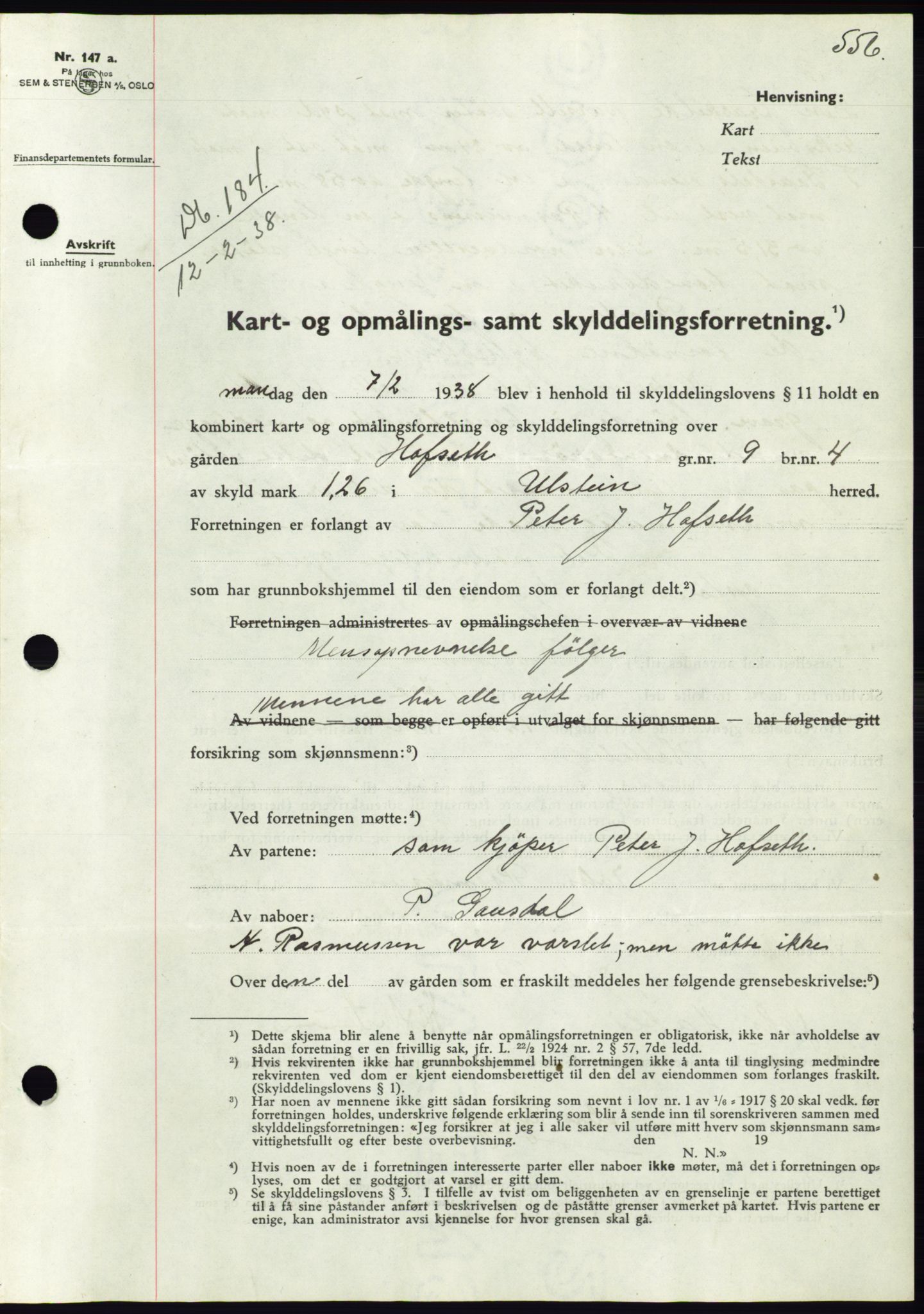 Søre Sunnmøre sorenskriveri, AV/SAT-A-4122/1/2/2C/L0064: Mortgage book no. 58, 1937-1938, Diary no: : 184/1938