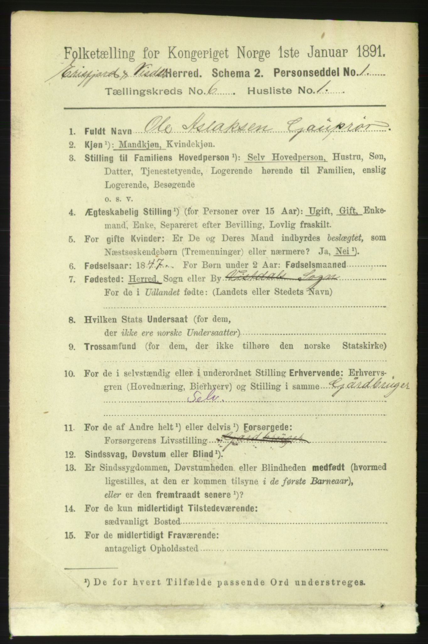 RA, 1891 census for 1542 Eresfjord og Vistdal, 1891, p. 1524