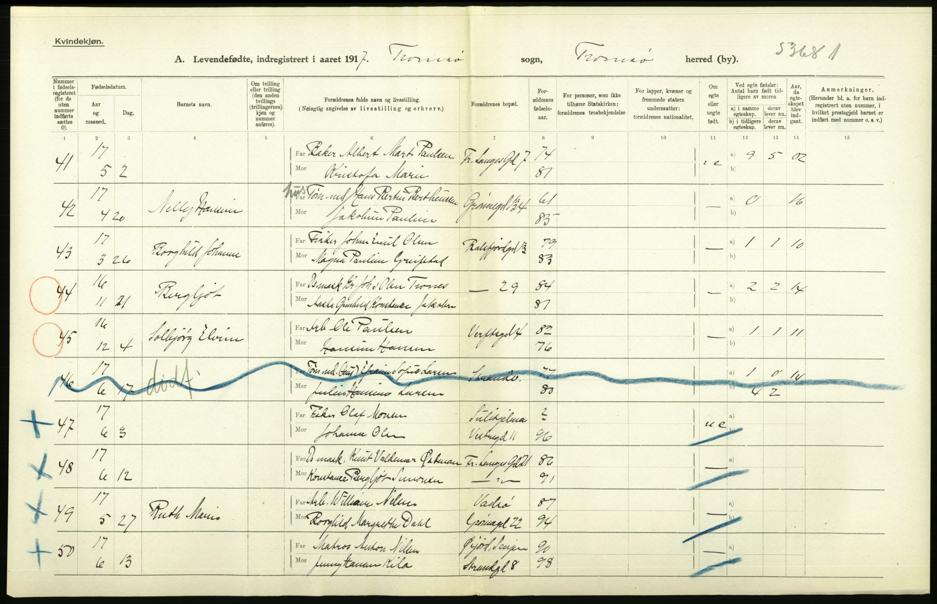 Statistisk sentralbyrå, Sosiodemografiske emner, Befolkning, AV/RA-S-2228/D/Df/Dfb/Dfbg/L0053: Tromsø amt: Levendefødte menn og kvinner. Bygder og byer., 1917, p. 12