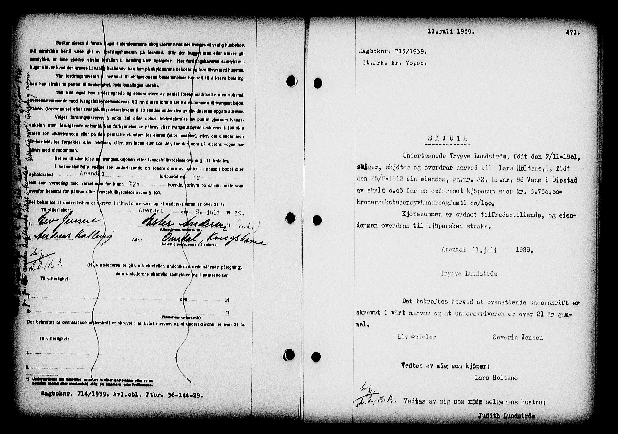 Nedenes sorenskriveri, AV/SAK-1221-0006/G/Gb/Gba/L0046: Mortgage book no. 42, 1938-1939, Diary no: : 715/1939