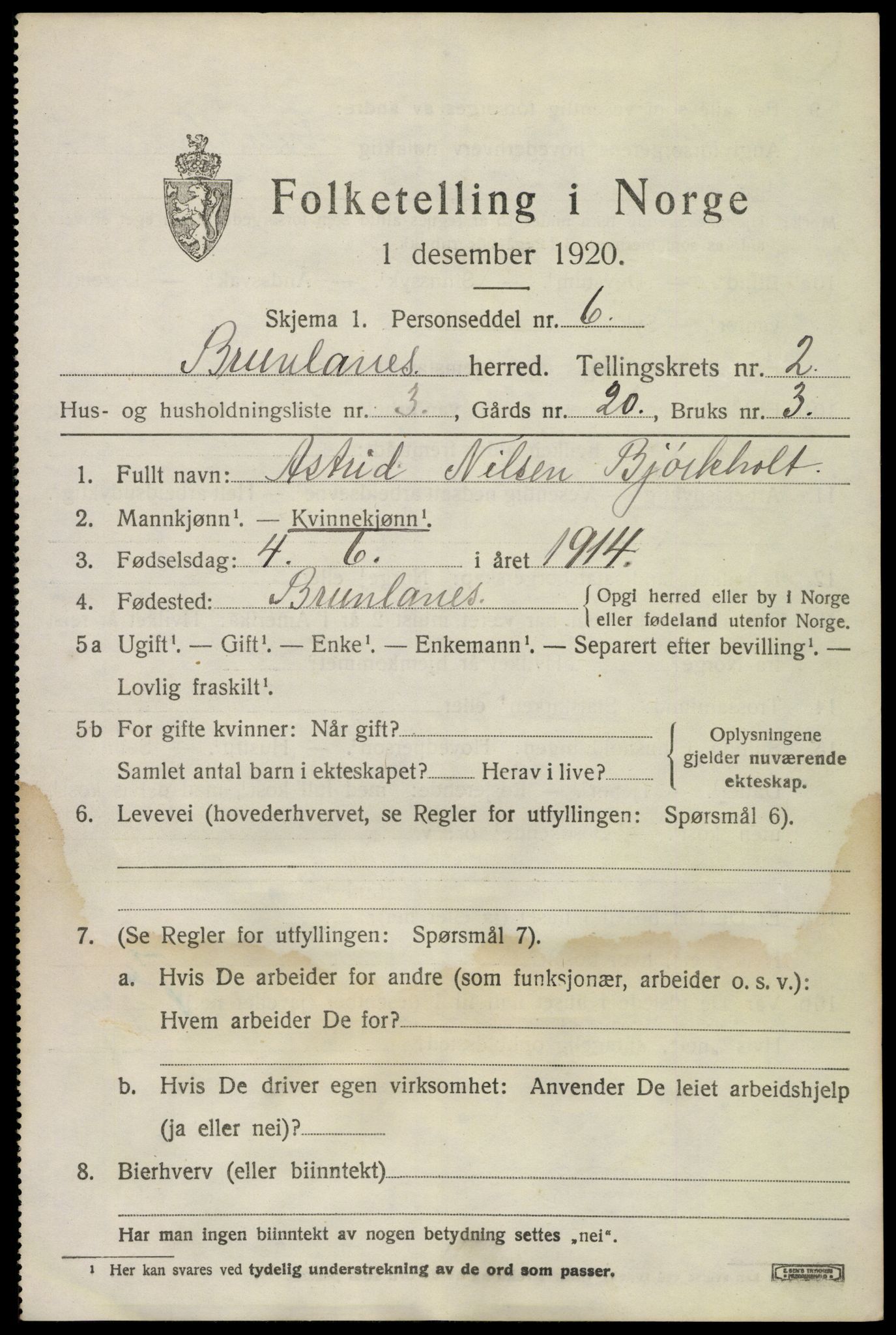 SAKO, 1920 census for Brunlanes, 1920, p. 3349