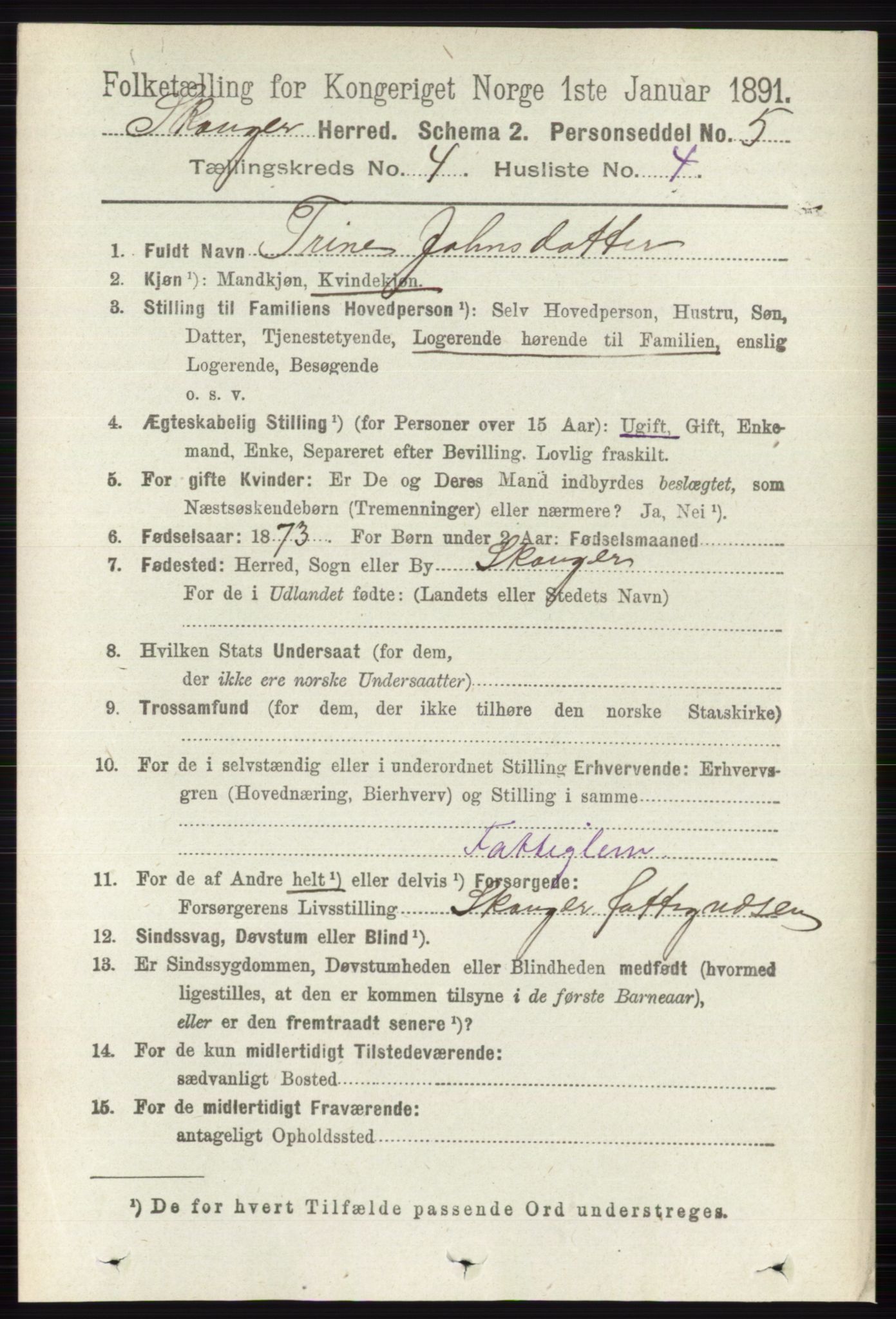 RA, 1891 census for 0712 Skoger, 1891, p. 2290