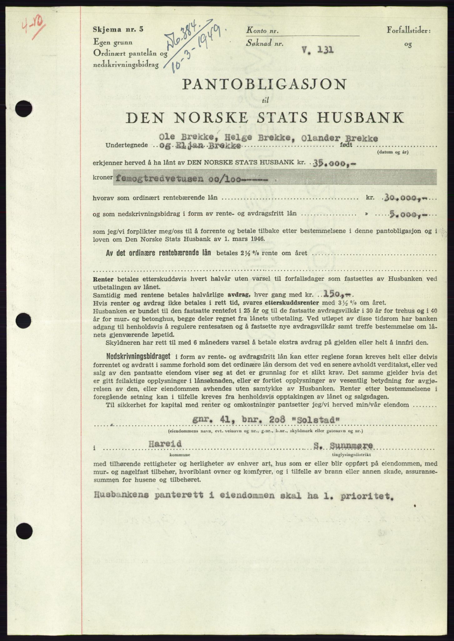 Søre Sunnmøre sorenskriveri, AV/SAT-A-4122/1/2/2C/L0116: Mortgage book no. 4B, 1948-1949, Diary no: : 384/1949