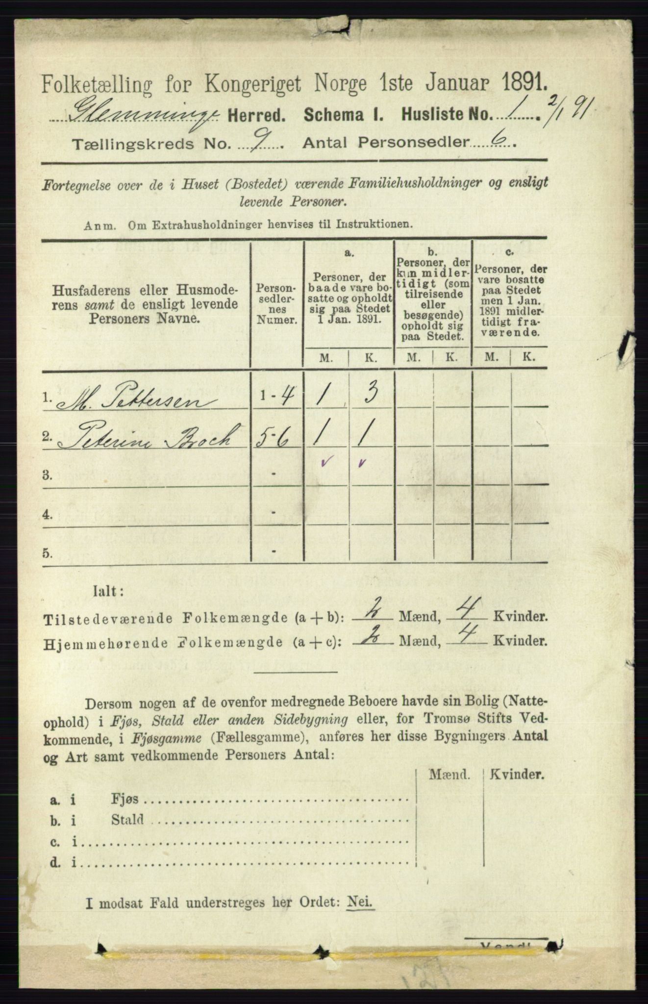 RA, 1891 census for 0132 Glemmen, 1891, p. 9545