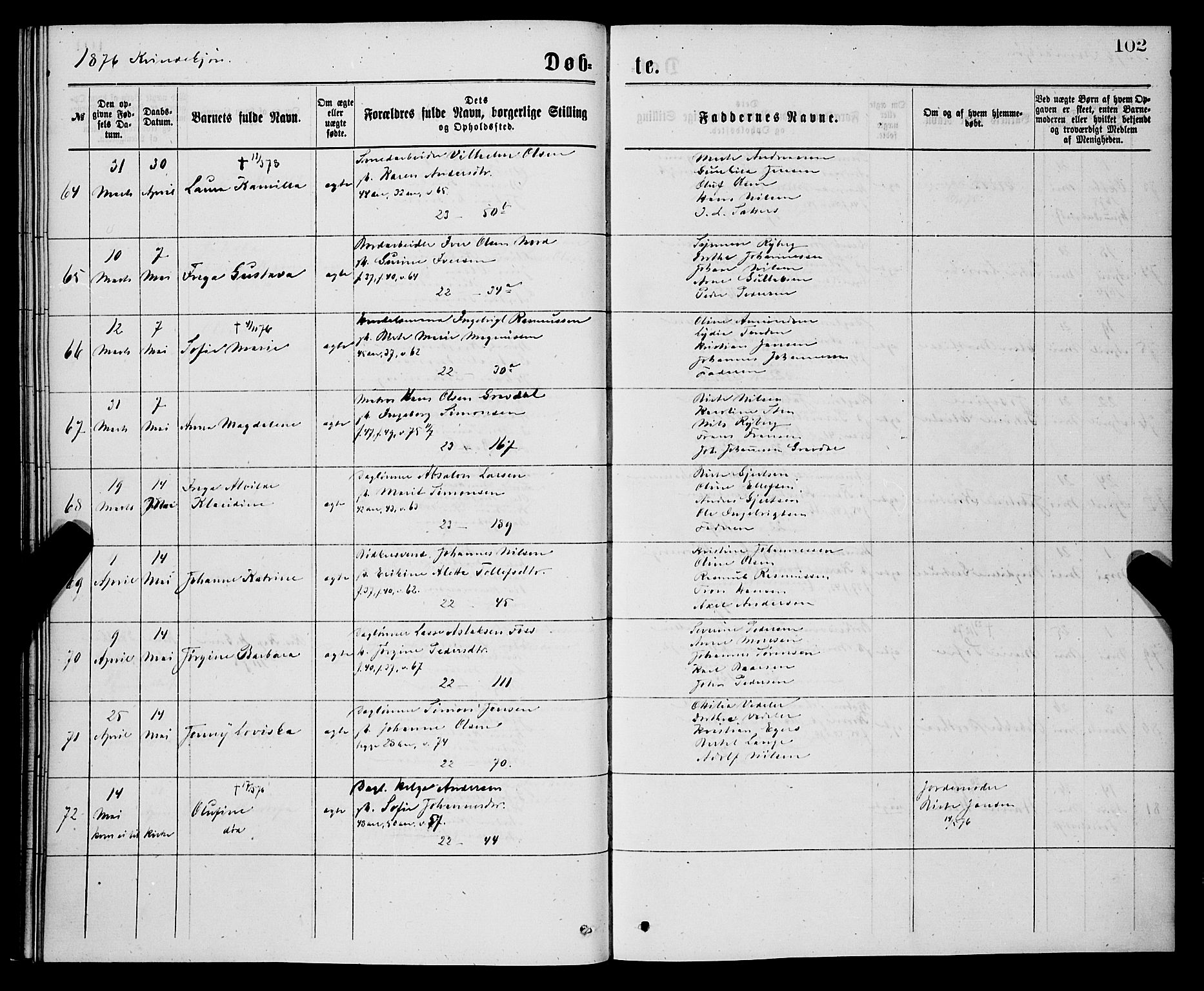 Korskirken sokneprestembete, SAB/A-76101/H/Hab: Parish register (copy) no. B 7, 1874-1878, p. 102