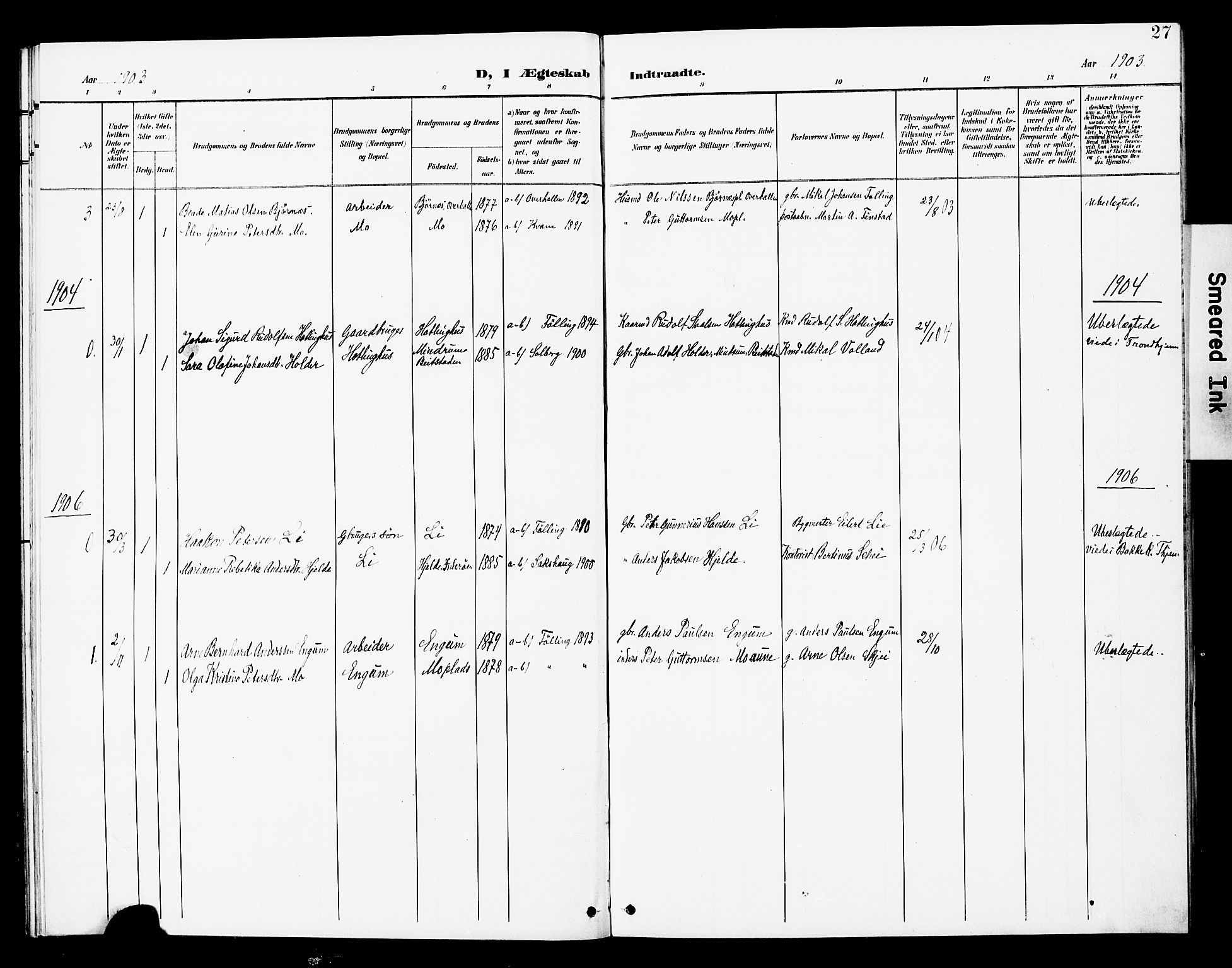 Ministerialprotokoller, klokkerbøker og fødselsregistre - Nord-Trøndelag, AV/SAT-A-1458/748/L0464: Parish register (official) no. 748A01, 1900-1908, p. 27