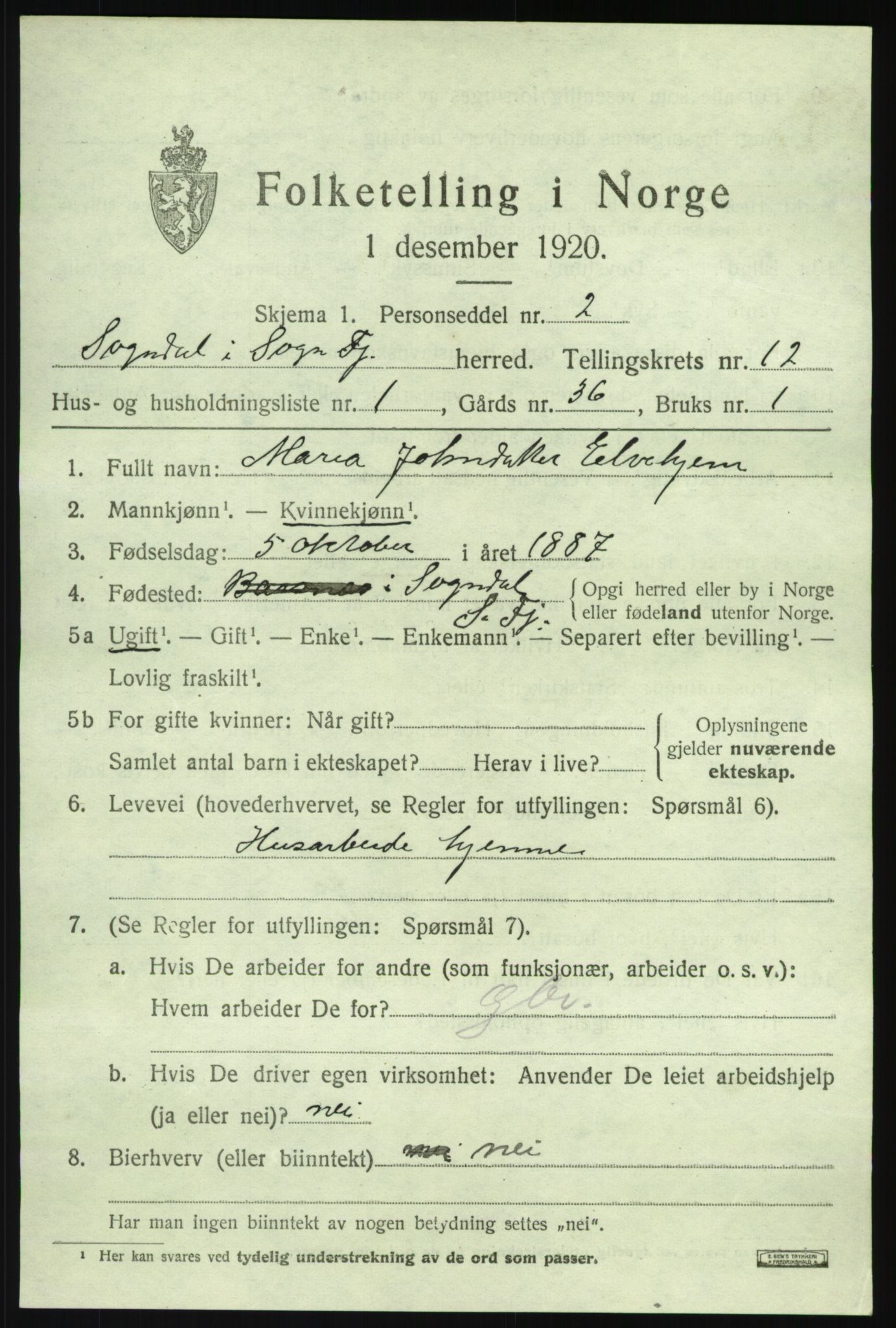 SAB, 1920 census for Sogndal, 1920, p. 5171