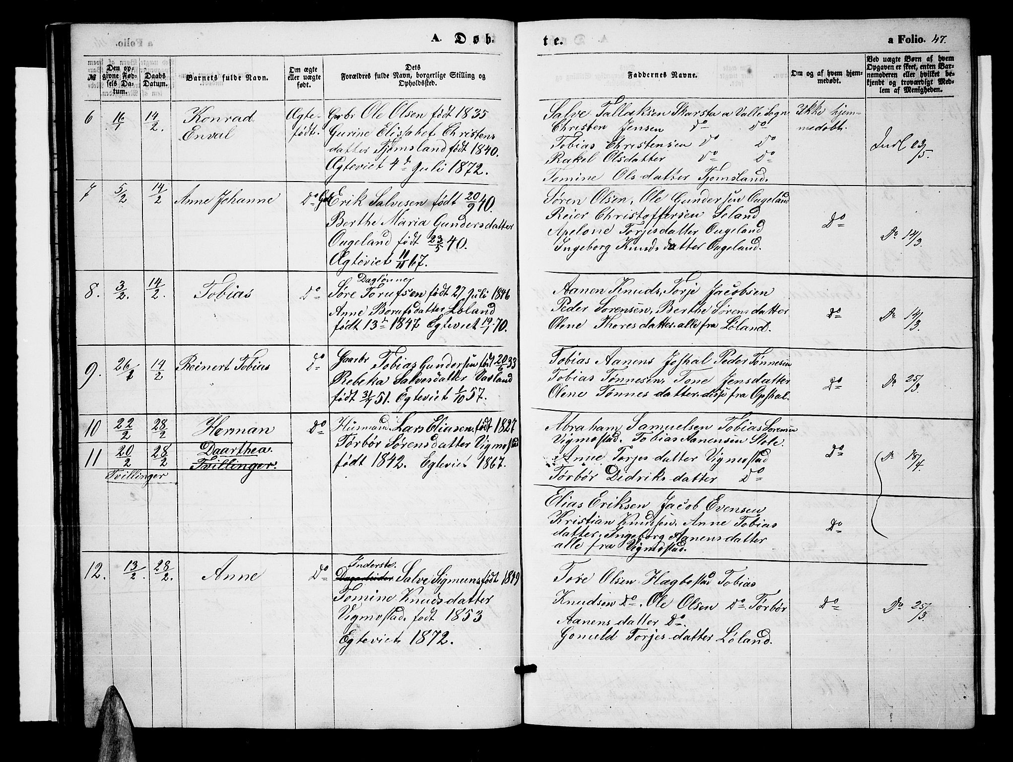 Nord-Audnedal sokneprestkontor, AV/SAK-1111-0032/F/Fb/Fbb/L0002: Parish register (copy) no. B 2, 1859-1882, p. 47