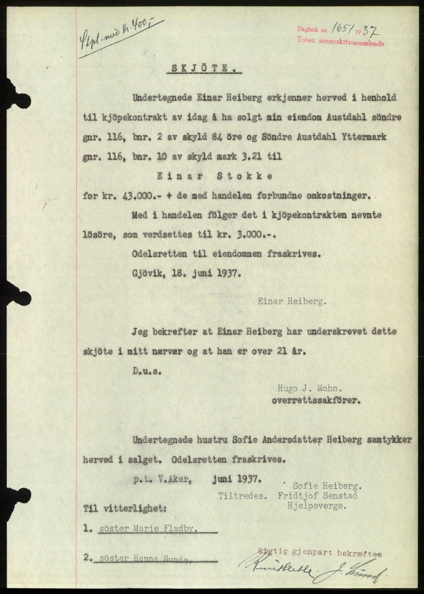 Toten tingrett, SAH/TING-006/H/Hb/Hbc/L0003: Mortgage book no. Hbc-03, 1937-1938, Diary no: : 1651/1937