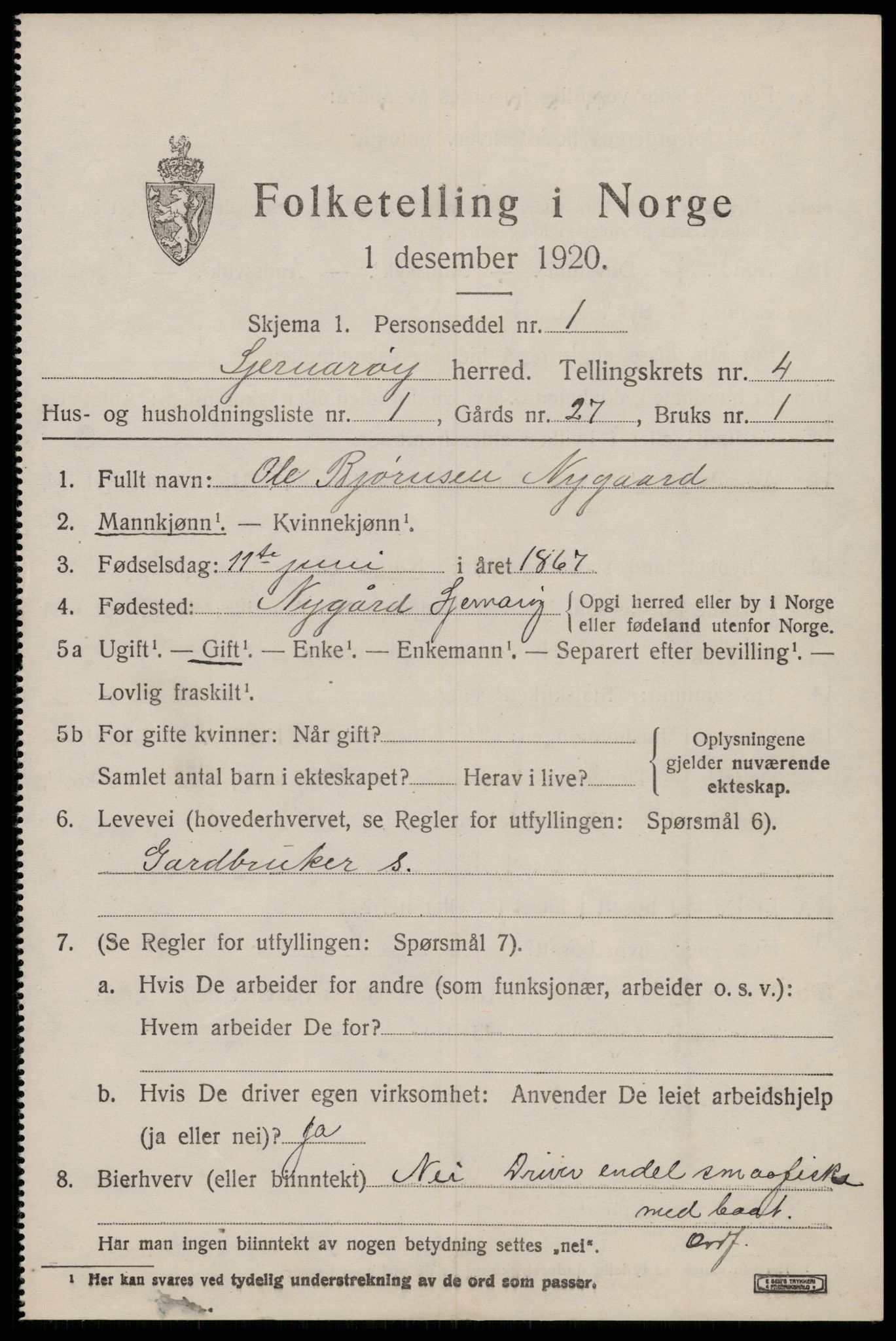 SAST, 1920 census for Sjernarøy, 1920, p. 996