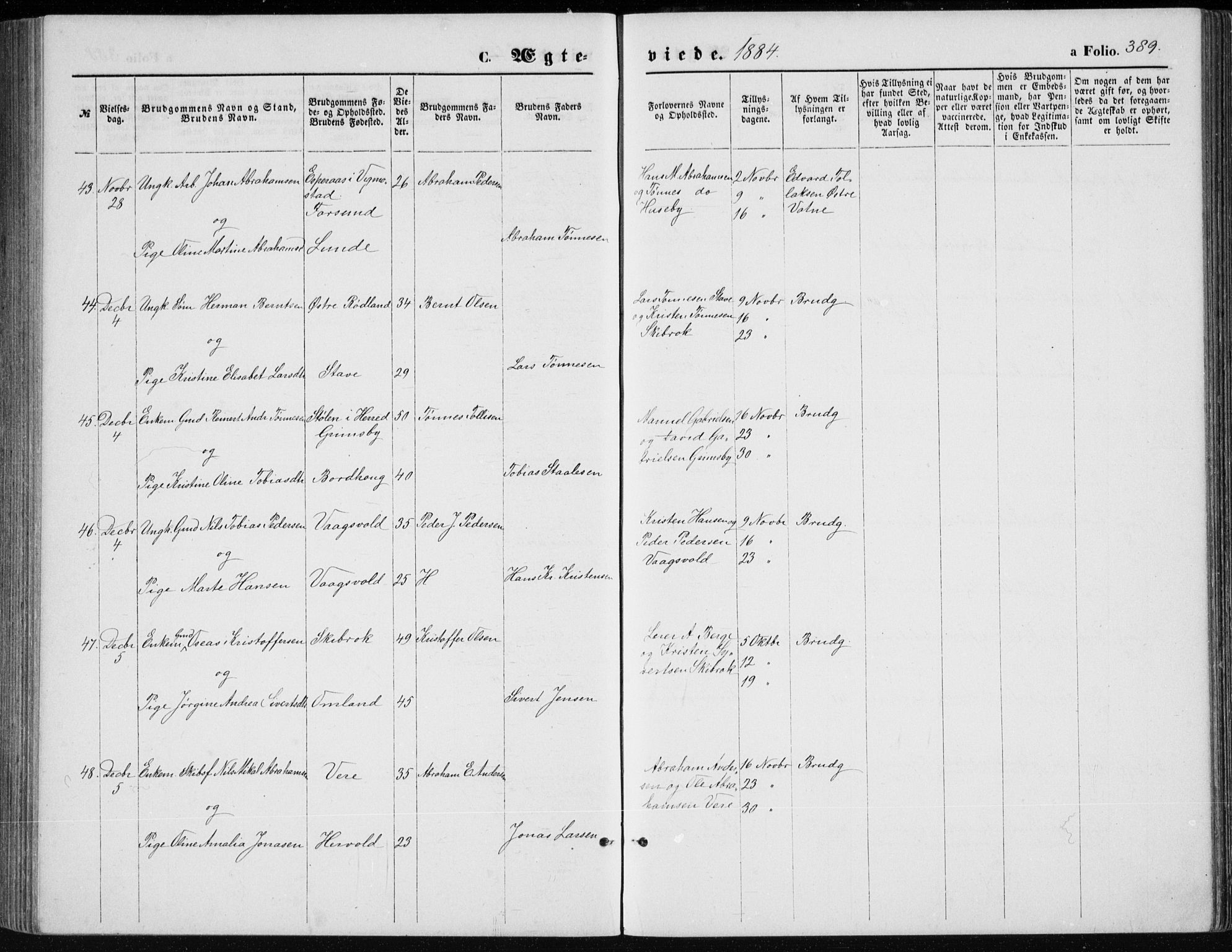 Lista sokneprestkontor, AV/SAK-1111-0027/F/Fb/L0004: Parish register (copy) no. B 4, 1877-1891, p. 389