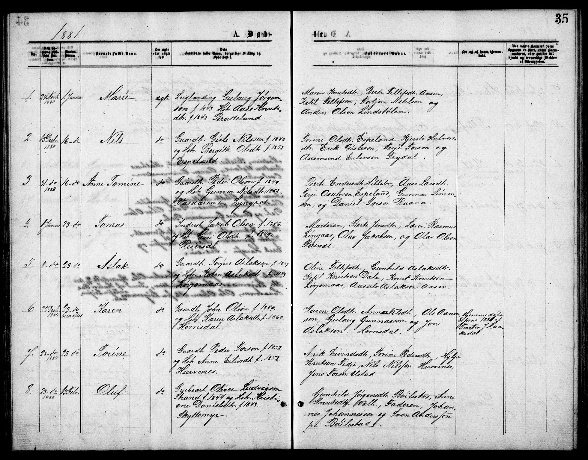 Froland sokneprestkontor, SAK/1111-0013/F/Fb/L0009: Parish register (copy) no. B 9, 1875-1893, p. 35