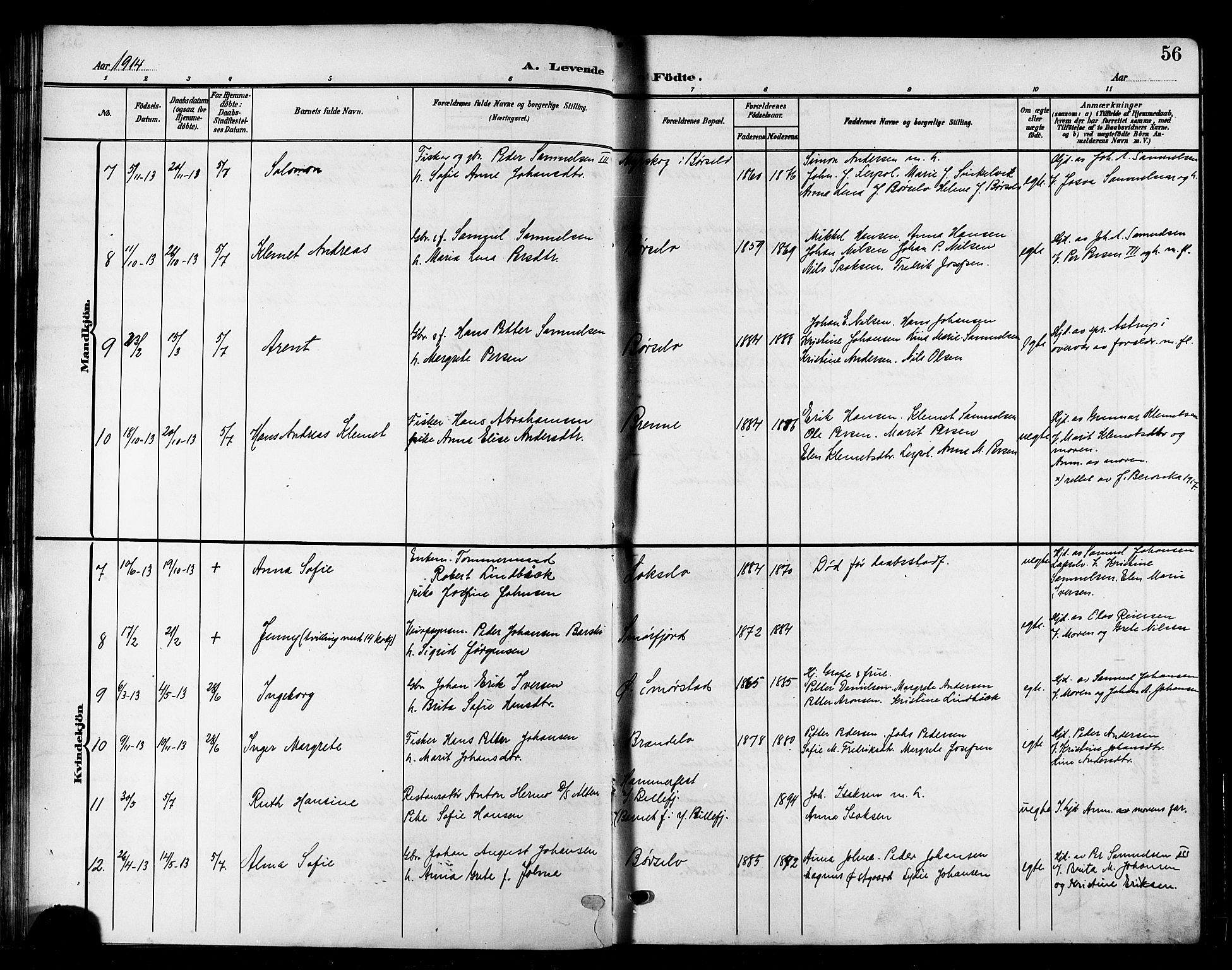 Kistrand/Porsanger sokneprestembete, AV/SATØ-S-1351/H/Hb/L0006.klokk: Parish register (copy) no. 6, 1905-1917, p. 56