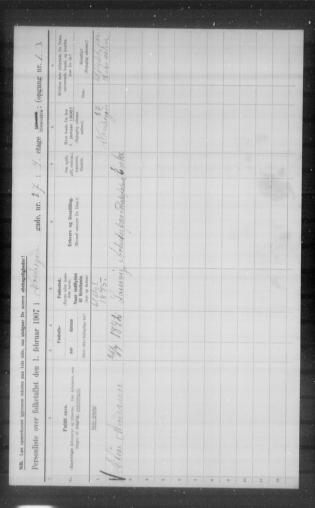 OBA, Municipal Census 1907 for Kristiania, 1907, p. 37652