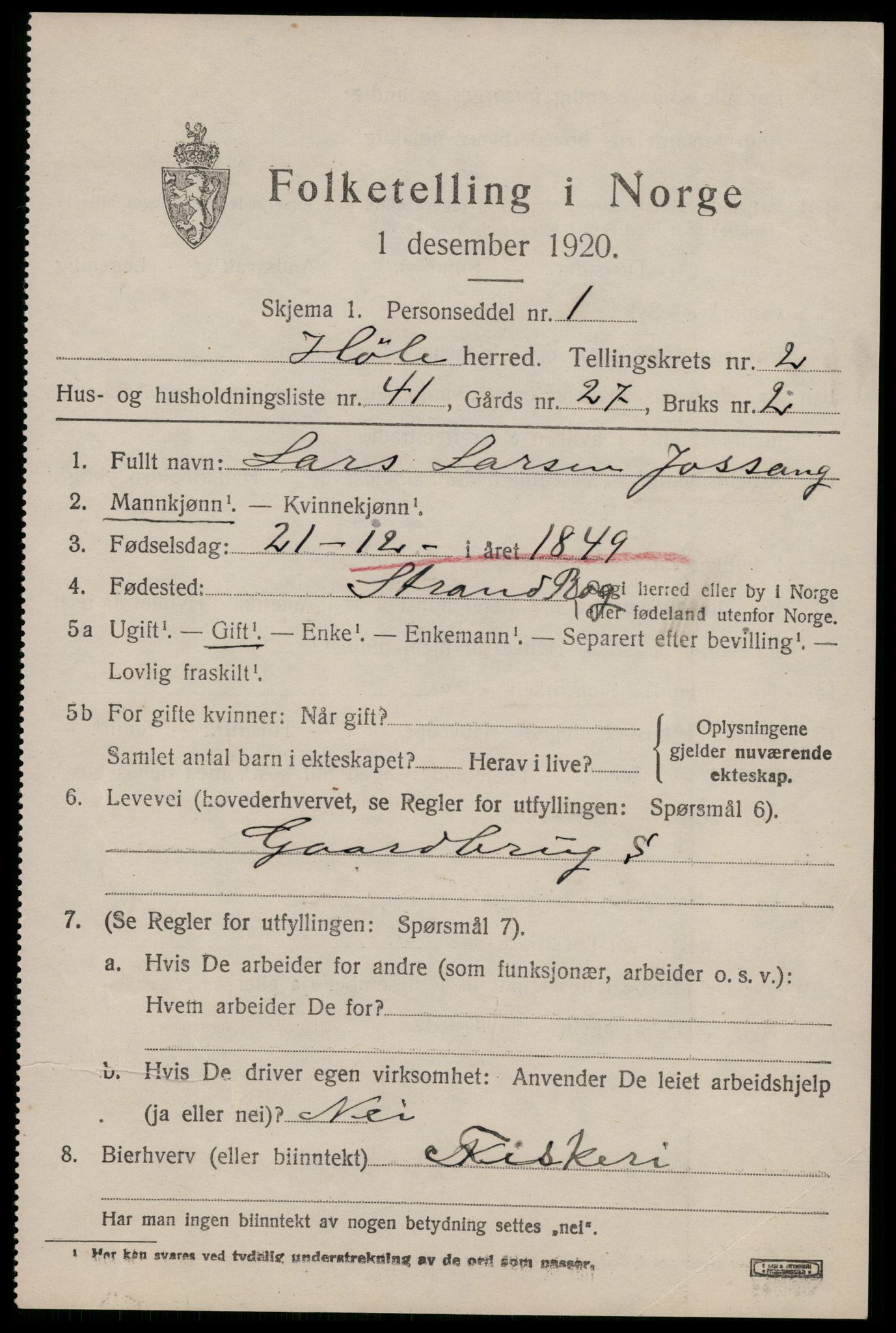 SAST, 1920 census for Høle, 1920, p. 1007