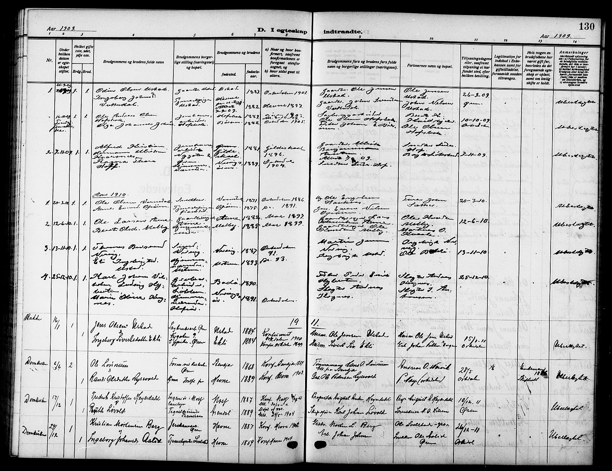 Ministerialprotokoller, klokkerbøker og fødselsregistre - Sør-Trøndelag, AV/SAT-A-1456/669/L0831: Parish register (copy) no. 669C01, 1909-1924, p. 130