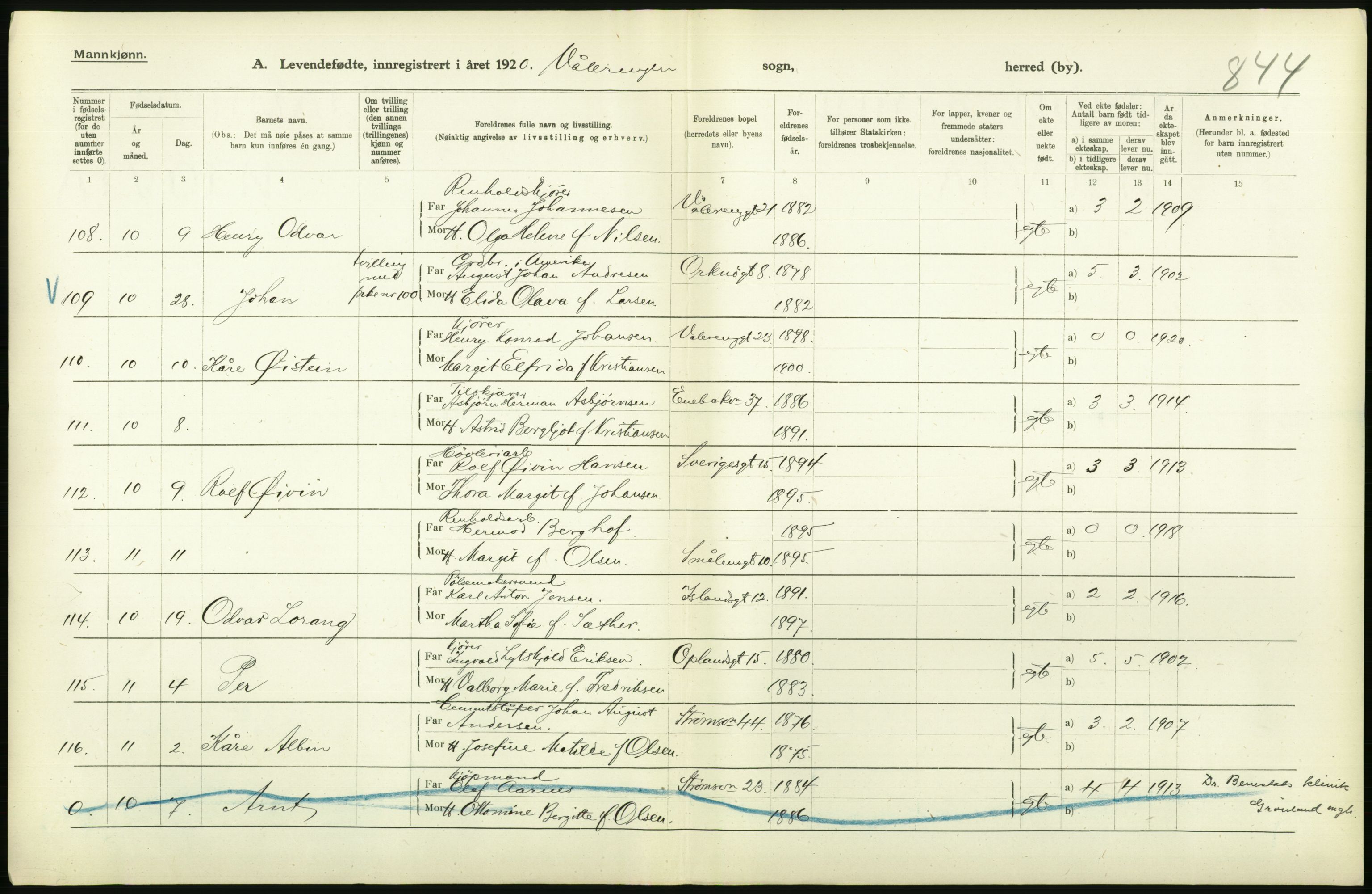 Statistisk sentralbyrå, Sosiodemografiske emner, Befolkning, AV/RA-S-2228/D/Df/Dfb/Dfbj/L0008: Kristiania: Levendefødte menn og kvinner., 1920, p. 106